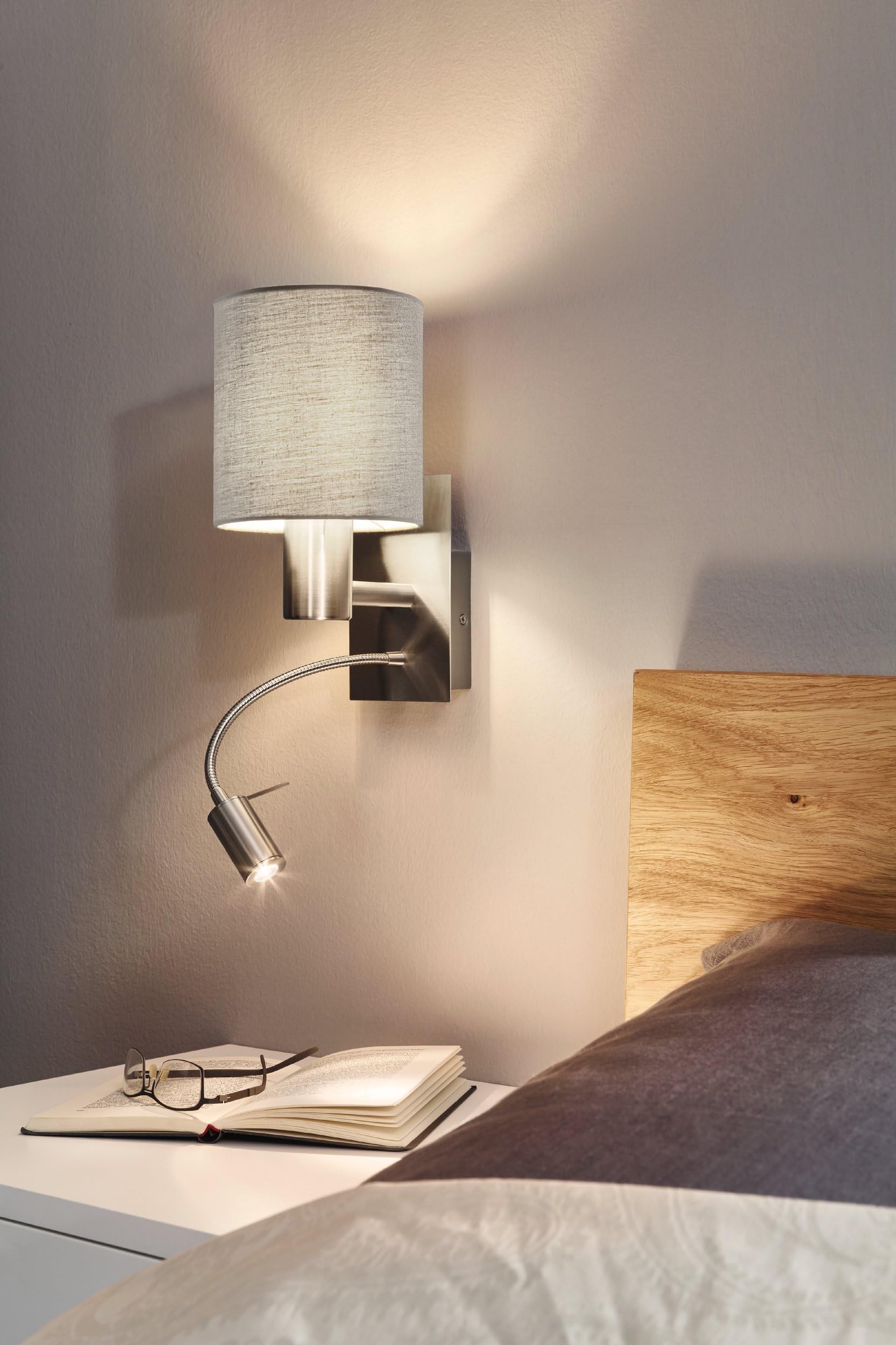 EGLO Wandlampe Pasteri, 2-flammige Textil Wandleuchte mit LED Leselicht | Leselampe aus Metall in Silber und Stoff in Taupe, E27 Fassung