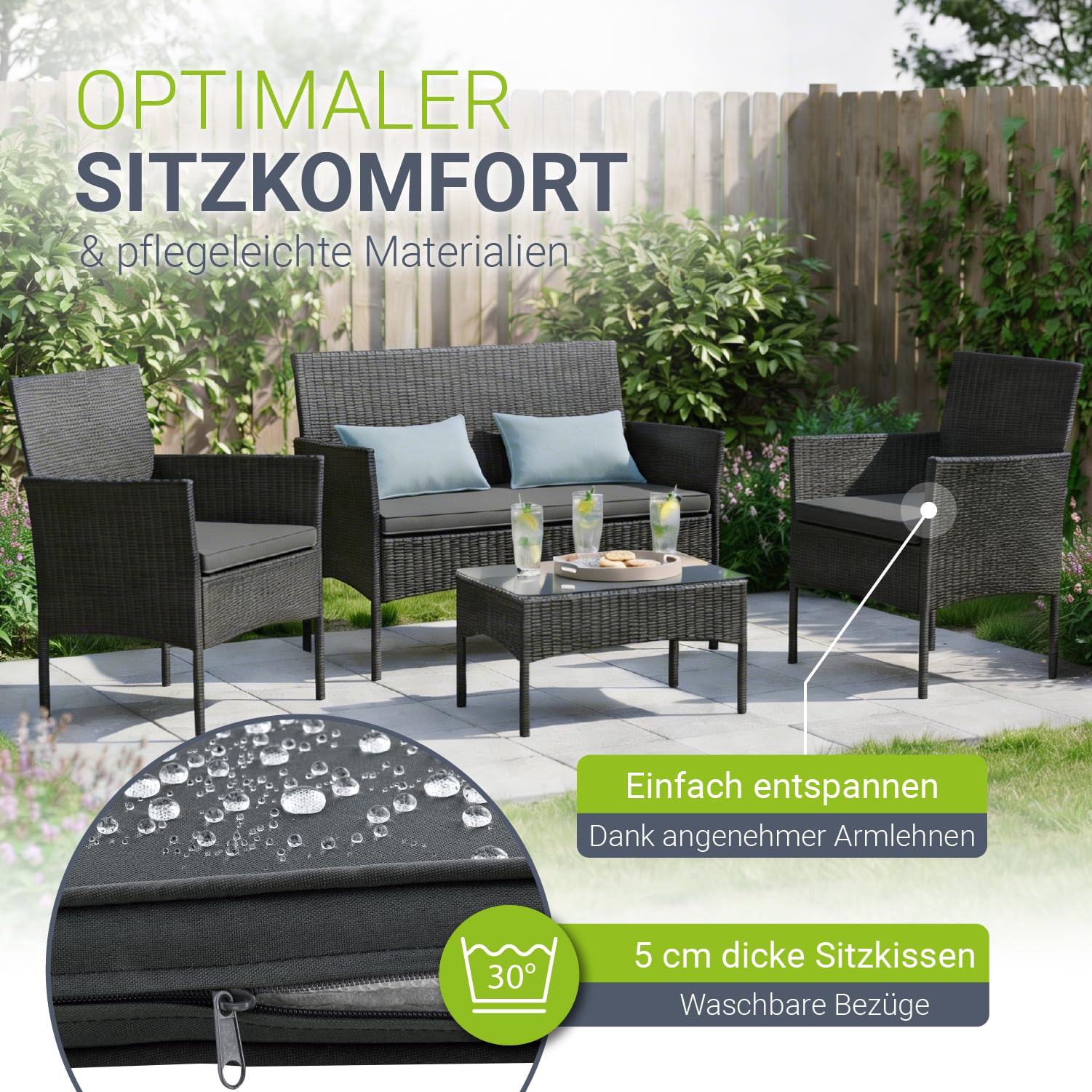 Juskys Polyrattan Sitzgruppe Fort Myers 4 Personen mit 2er Sofa, 2 Stühle, Tisch & Sitzkissen wetterfest schwarz/grau Balkonmöbel Gartenmöbel Set