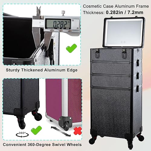 Miniatura 7 de Arous Maletín de tren de maquillaje rodante, carrito de cosméticos de gran capacidad, 4 en 1, estuche de viaje de maquillaje con ruedas giratorias