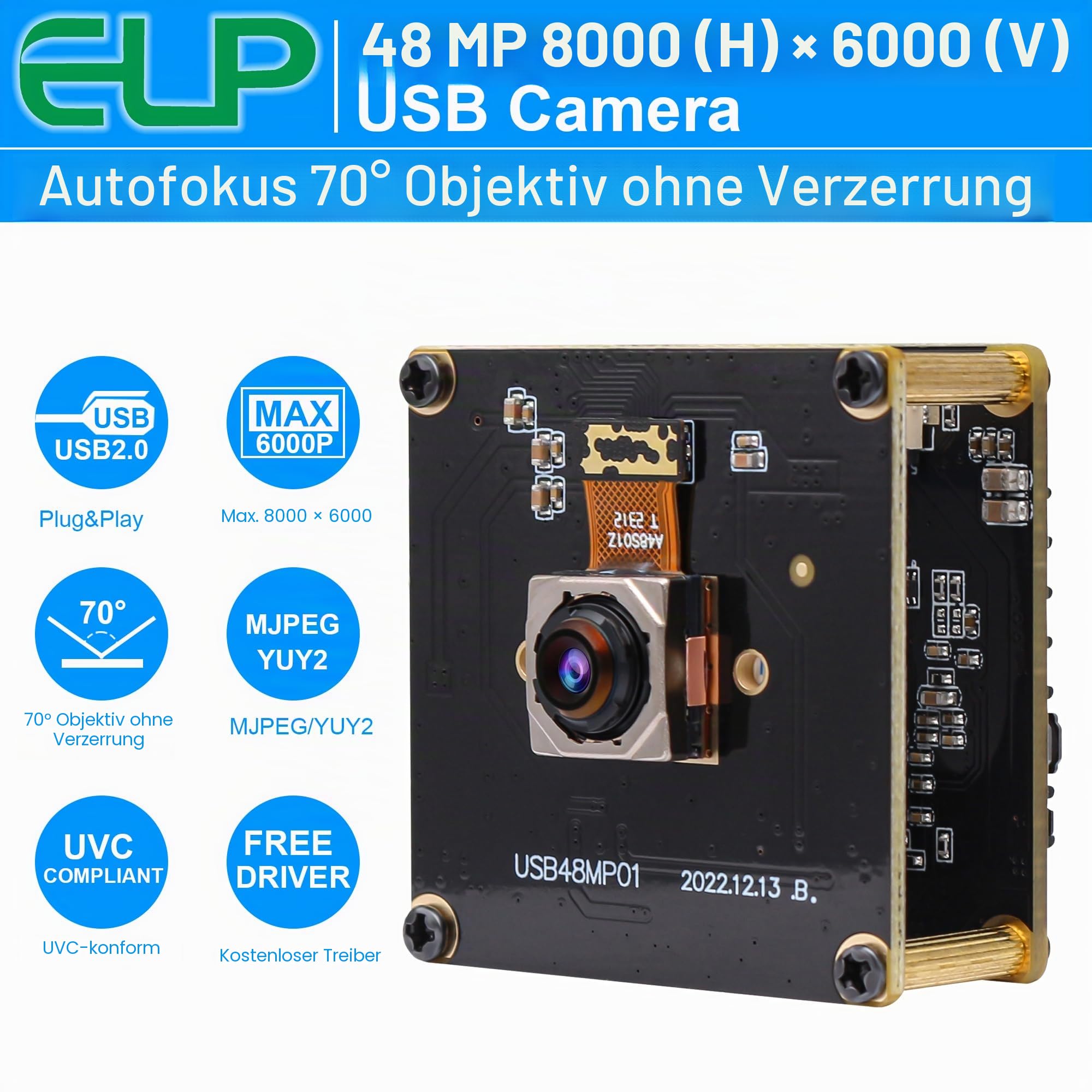 G ELP 48 MP Autofokus-USB-Kamera Mit Metallgehäuse für Computer - Weitwinkel Webcam, Mini-UVC-USB2.0-PC-Kamera für Raspberry Pi Jetson Nano (USB-Kameramodul)