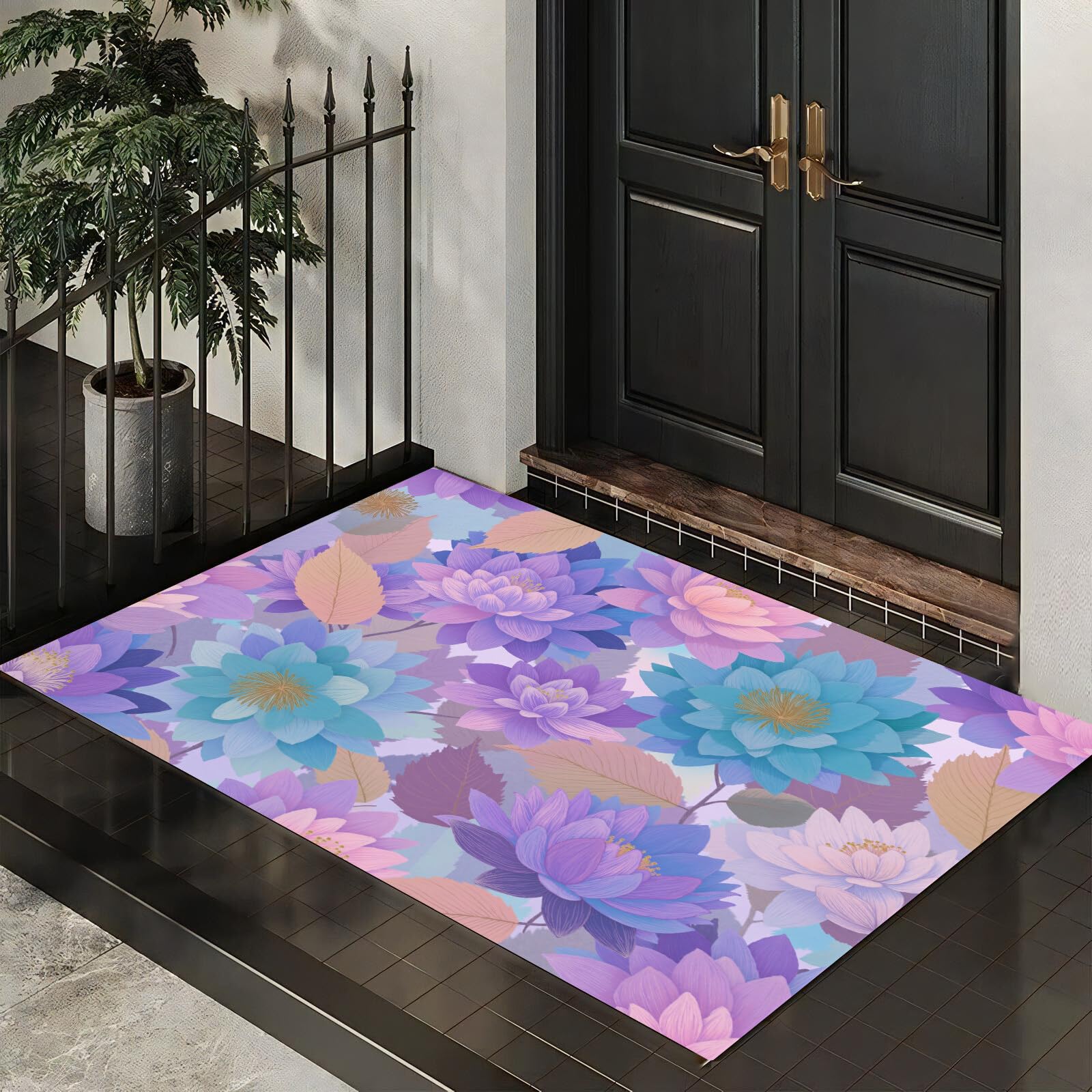 Paillasson Bleu-Violet Feuilles de Lotus 60x90cm pour Entrée et Salon