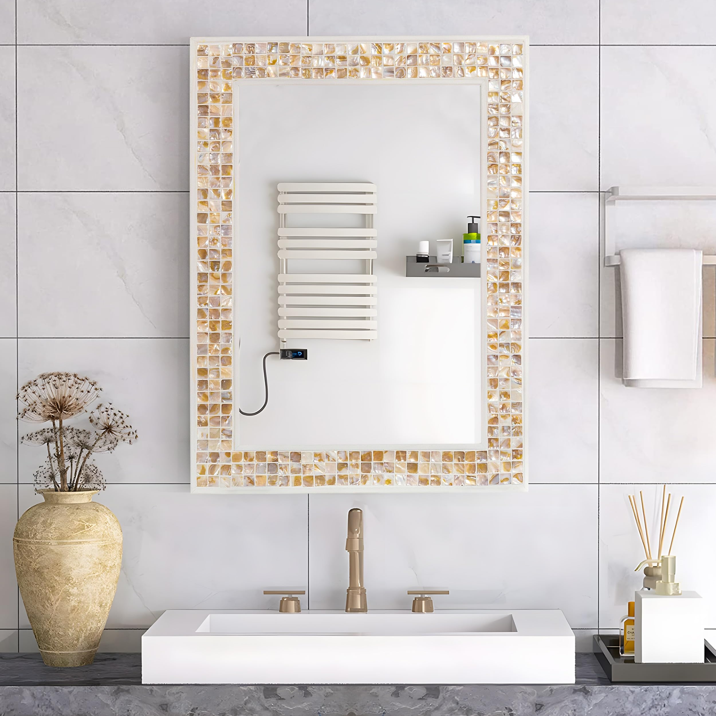 YOSHOOT Mosaic Bathroom Wall Mirror, Handmade Mirror for Wall with Mother of Pearl, Decorative Bathroom Vanity Rectangular Mirrors, Vertical or Horizontal Hanging, Napa Pearl Beige