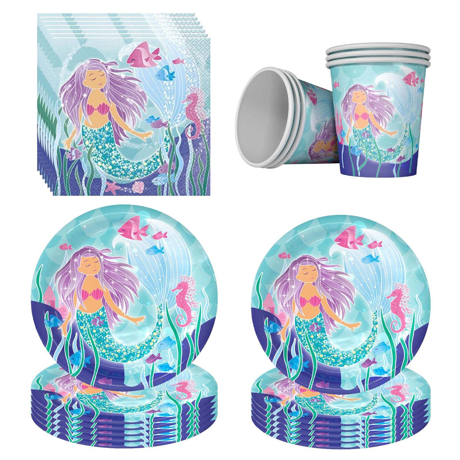 50 Pièces Vaisselle Fête Sirène 10 Invités Assiettes Fête