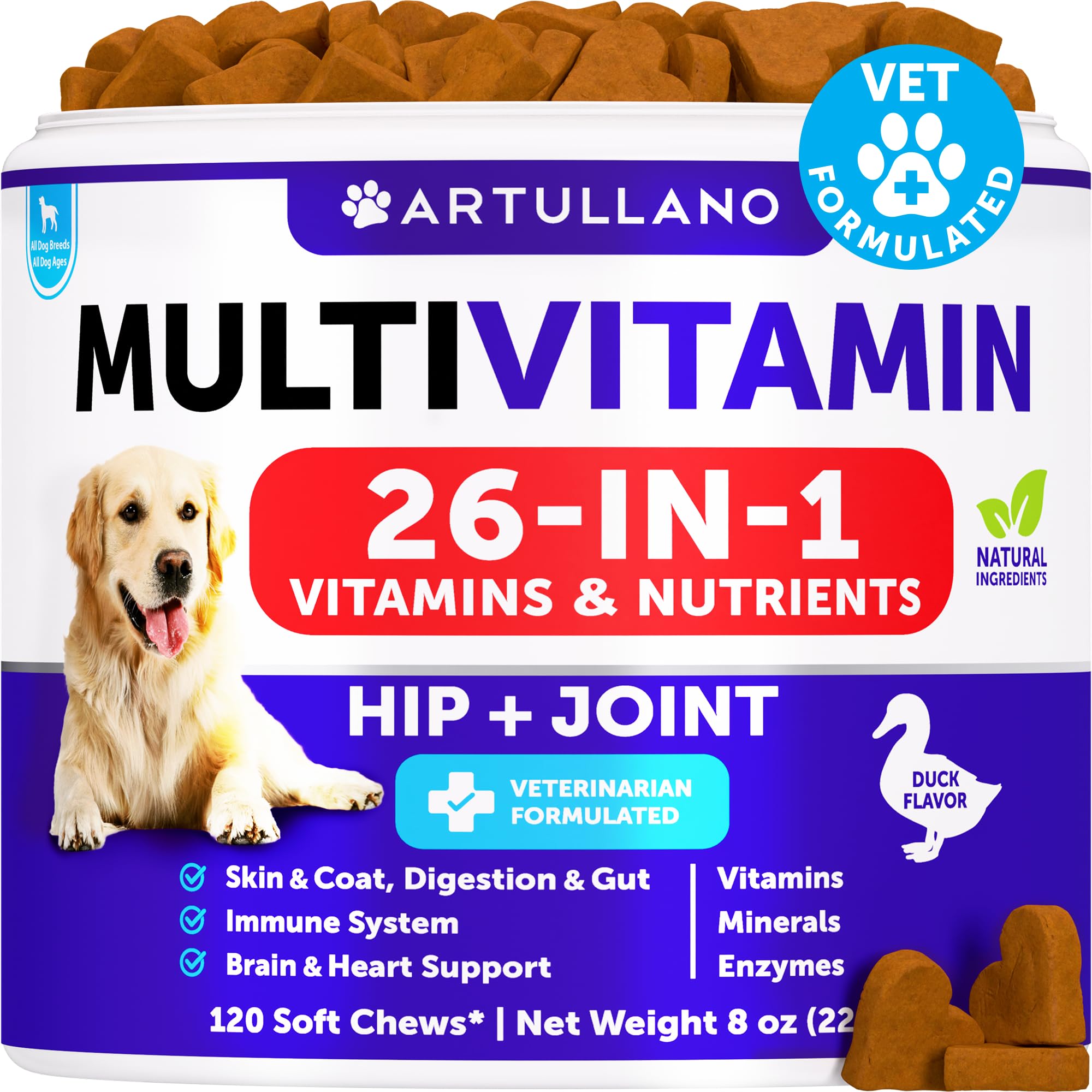 Dog Multivitamin Chewable with Glucosamine 26 in 1 - Dog Vitamins and Supplements - Senior & Puppy Multivitamin for Dogs - Pet Joint Support Health - Immunity, Mobility, Gut Skin - 120 Chews