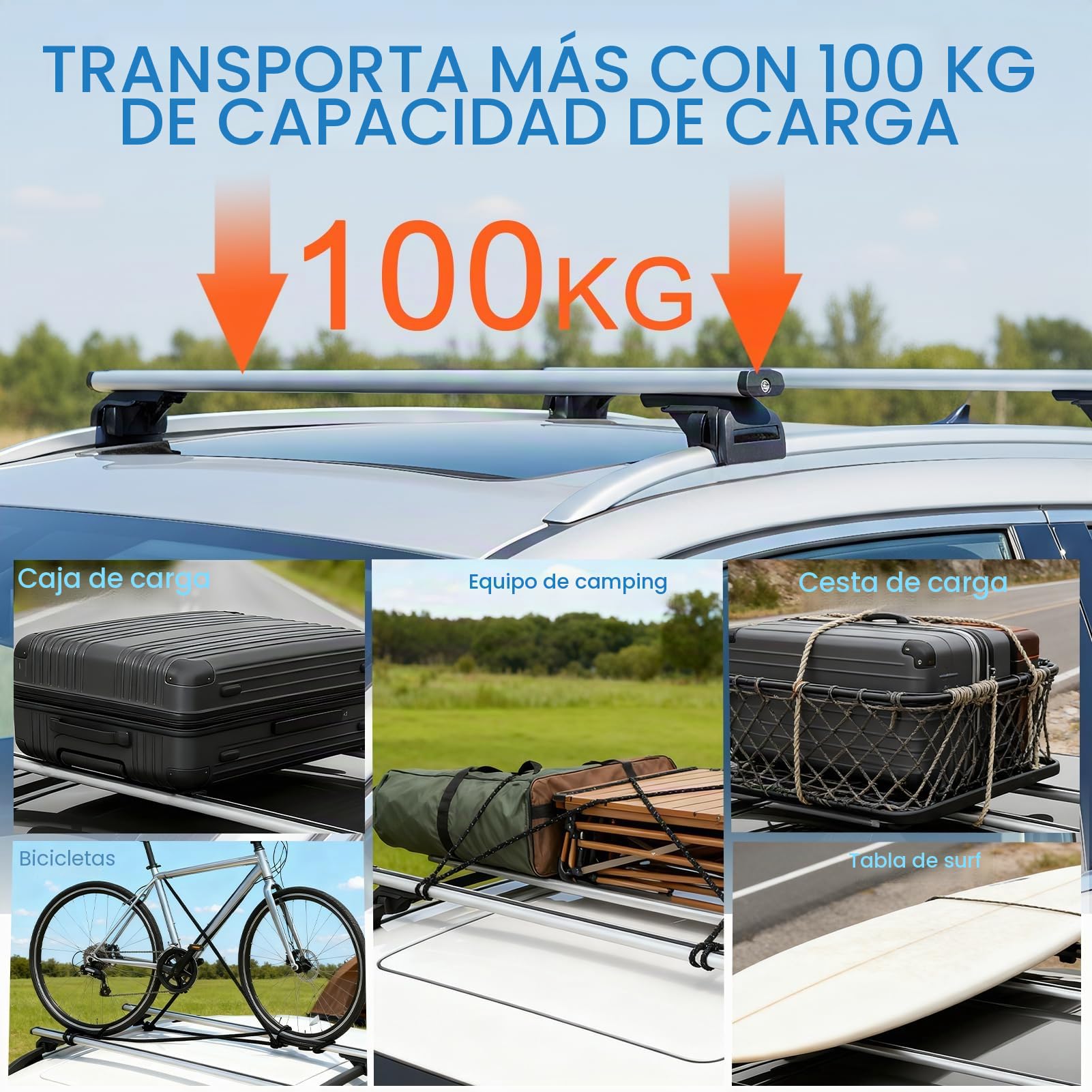 Barras de techo para coche, aluminio, distancia interior de la viga de techo 19-109 cm, apto para modelos con rieles de techo abiertos, soporta hasta 100 kg, adecuado para SUV y otros vehículos