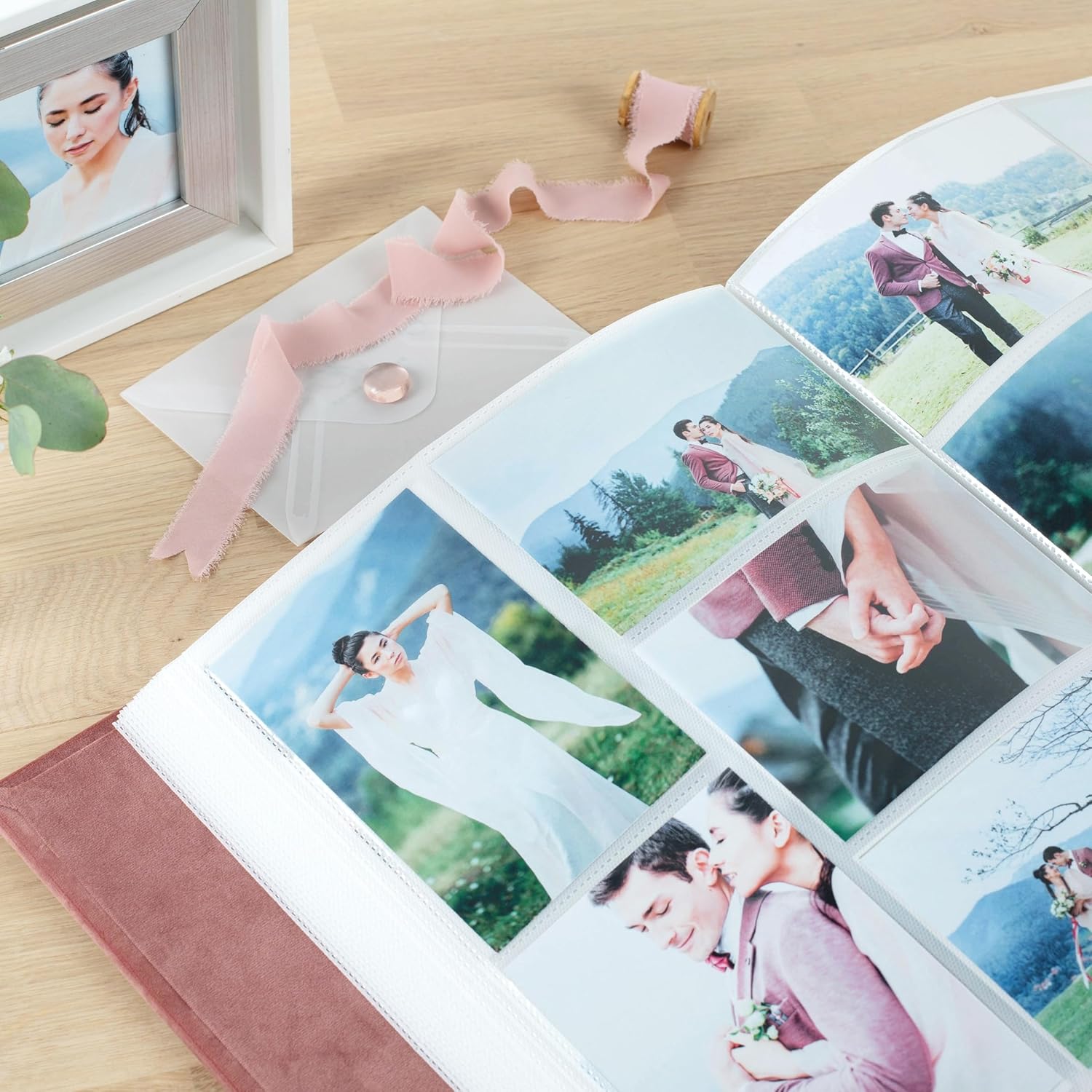 Large Wedding Slip-In Photo Album With Sleeves for 100-1000 pcs 4x6" Photos | Personalized Blush Pink Velvet Photo Book with 5 Pockets | Wedding, Travel or Family Pictures Album