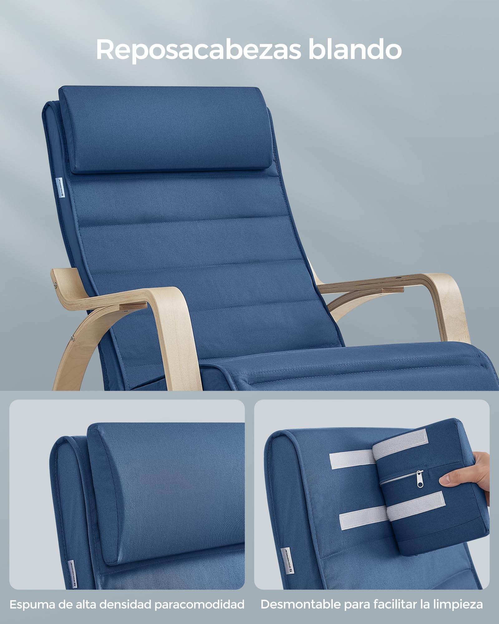 SONGMICS Silla Mecedora, con Apoyabrazos de Madera de Abedul, Silla Mecedora con Reposapiés Ajustable en 5 Posiciones, Máx. Carga de 150 kg, Dormitorio, Salón, Azul Medianoche y Natural LYY010Q01