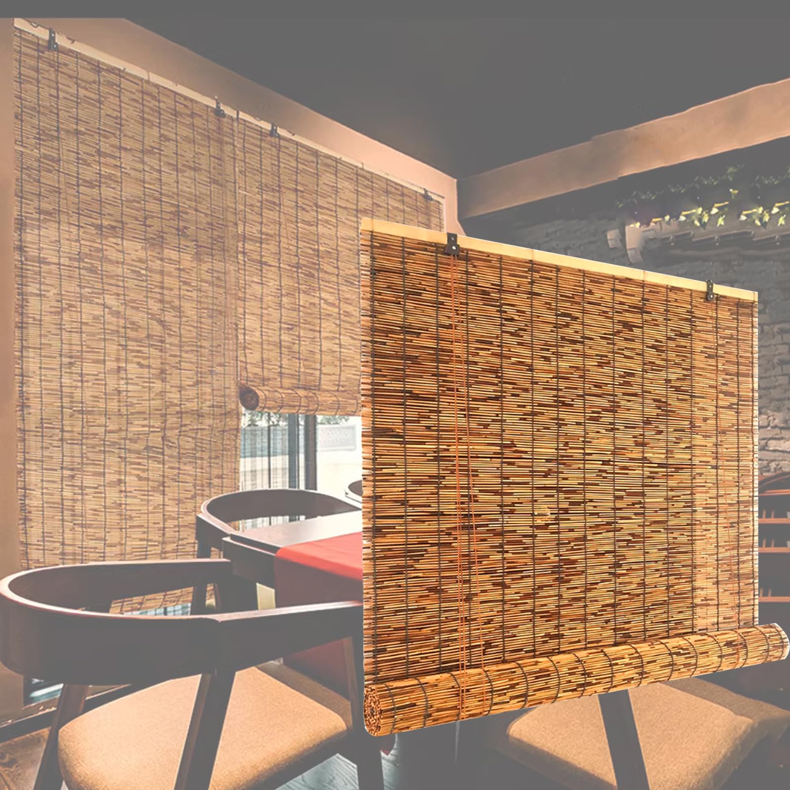 Geovne Natuurlijke Bamboe Jaloezieën,Retro Riet Gordijn,Ademende Bamboo Shades,Stro Gordijn,Lichtfilterende Rolgordijnen,Inkijkbescherming voor Thuis,met Accessoires (150x200cm/59x79in,Black line