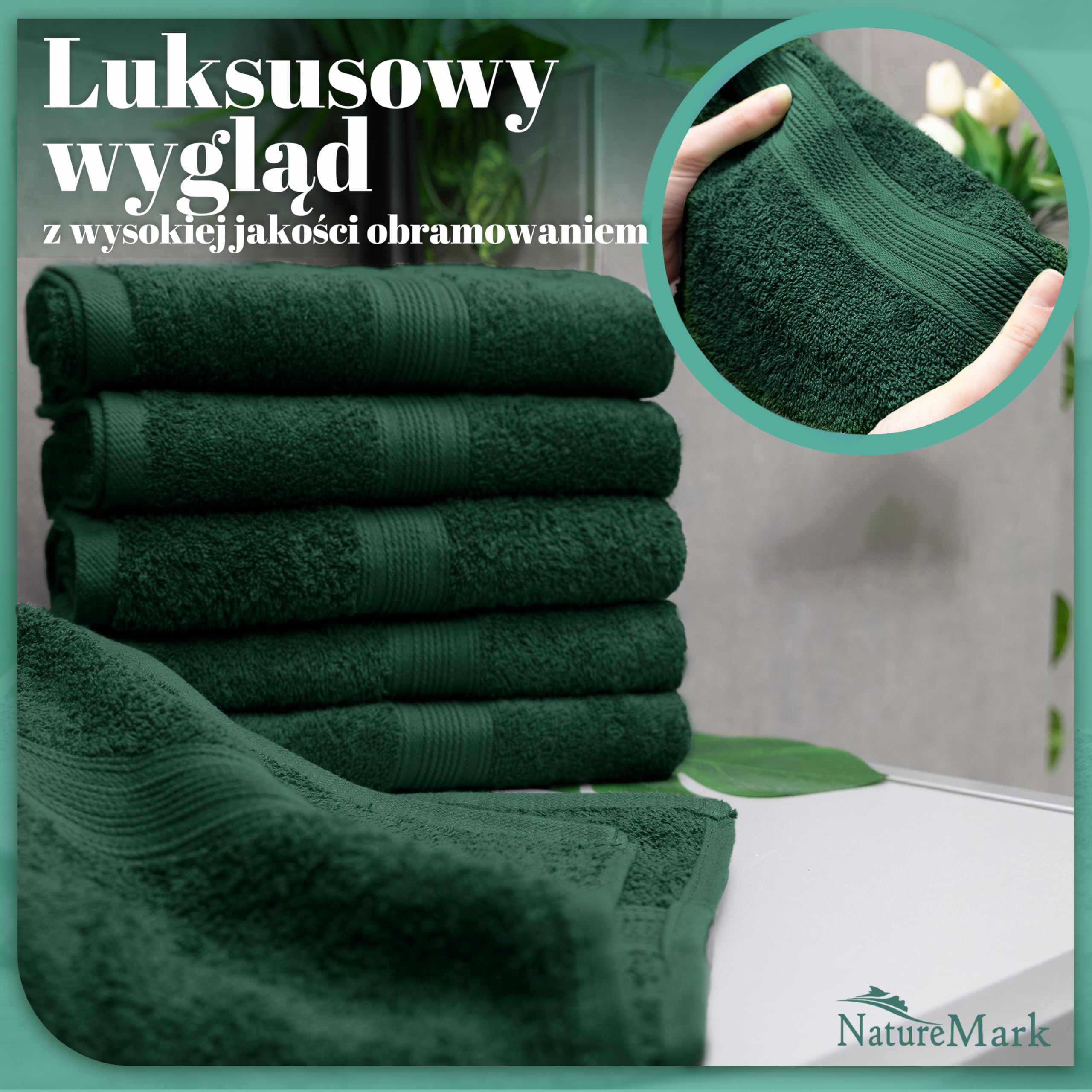 NatureMark Zestaw 8 Ręczników do Rąk - 100% Bawełna - Chłonne i Trwałe Ręczniki, Rozmiar 50×100 cm, Ciemnozielony