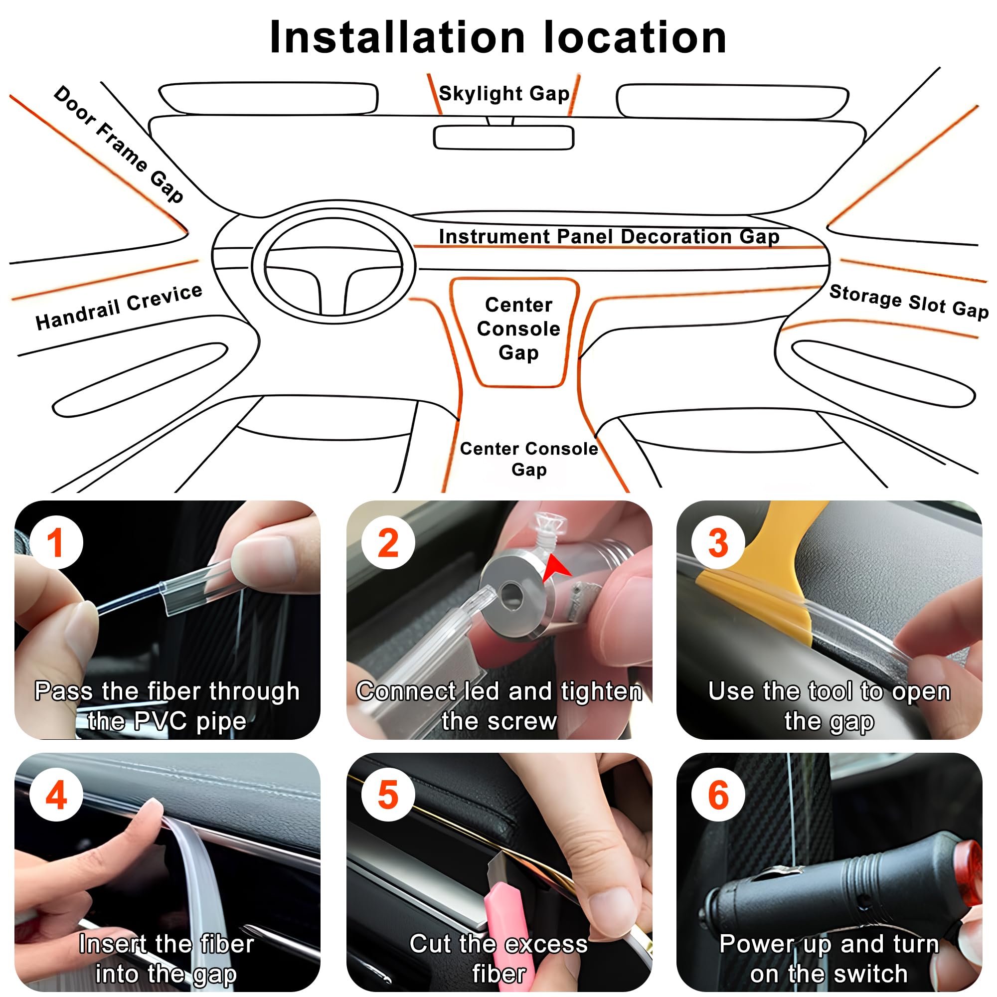 Interior Car LED Lights Wireless APP Control 5 in 1 RGB Ambient Lighting Kit with 236" Fiber Optic, 16 Million Colors Music Sync Waterproof LED Strip Lights for Cars Trucks SUVs Auto Interior Decor