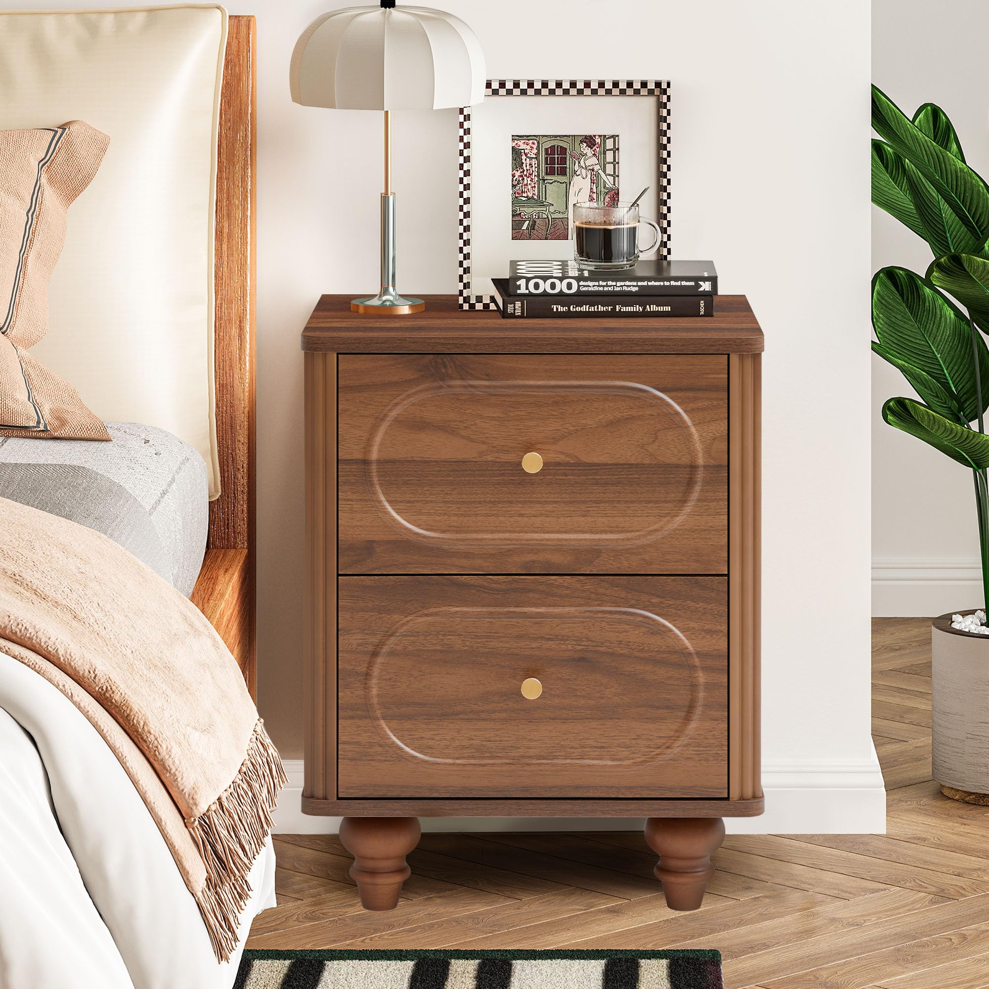 ORRD 2 Drawer Fluted Mini Small Dresser for Bedroom Set of 2, Mid Century Modern Nightstand Bedside End Table, Wood Storage Dresser Organizer for Bedroom Living Room, Walnut : Home & Kitchen