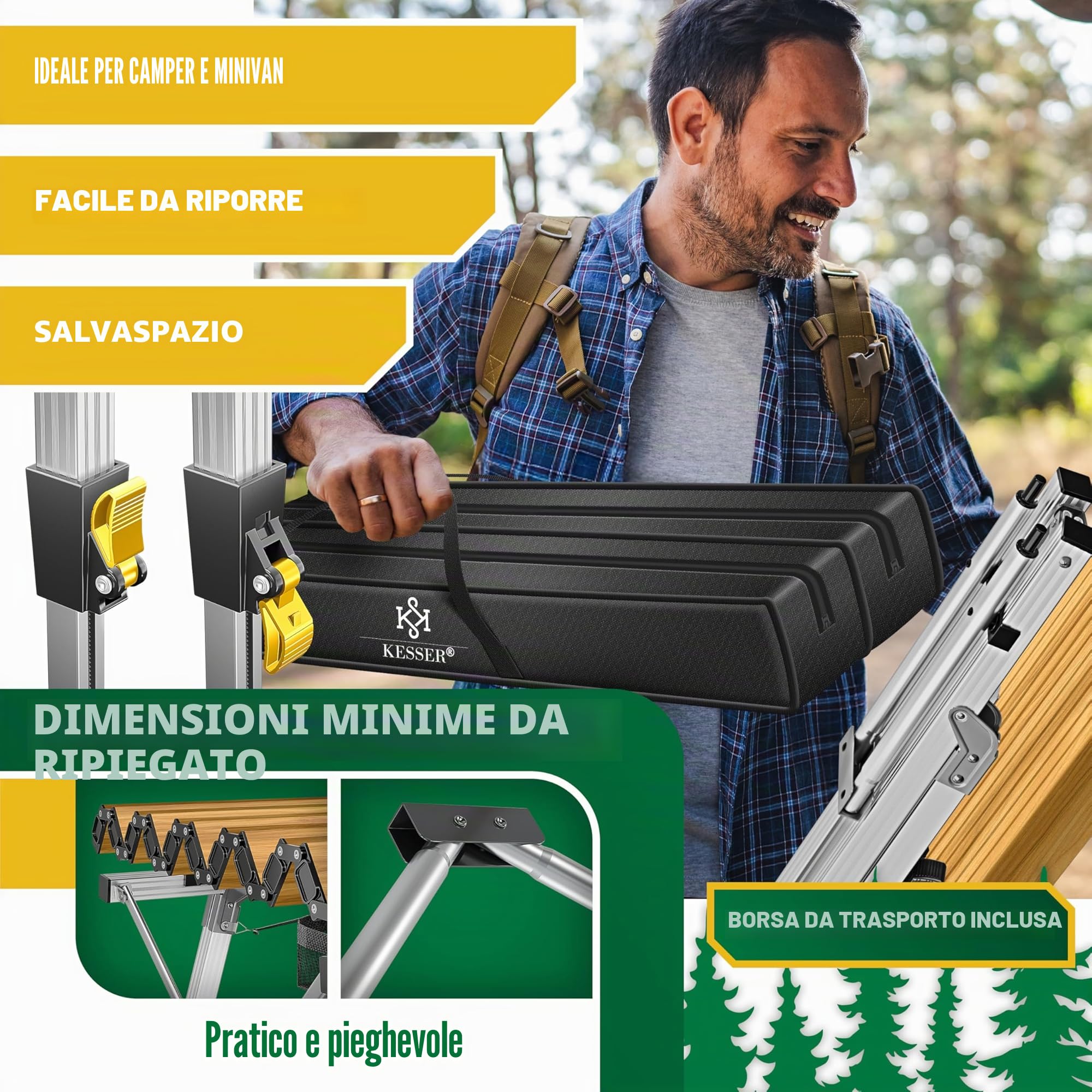 KESSER® Tavolo da Campeggio Pieghevole Tavolo Pieghevole Tavolo da Campeggio con Telaio in Alluminio Piano del Tavolo Arrotolabile Tavolo Pieghevole con Regolazione dell'altezza