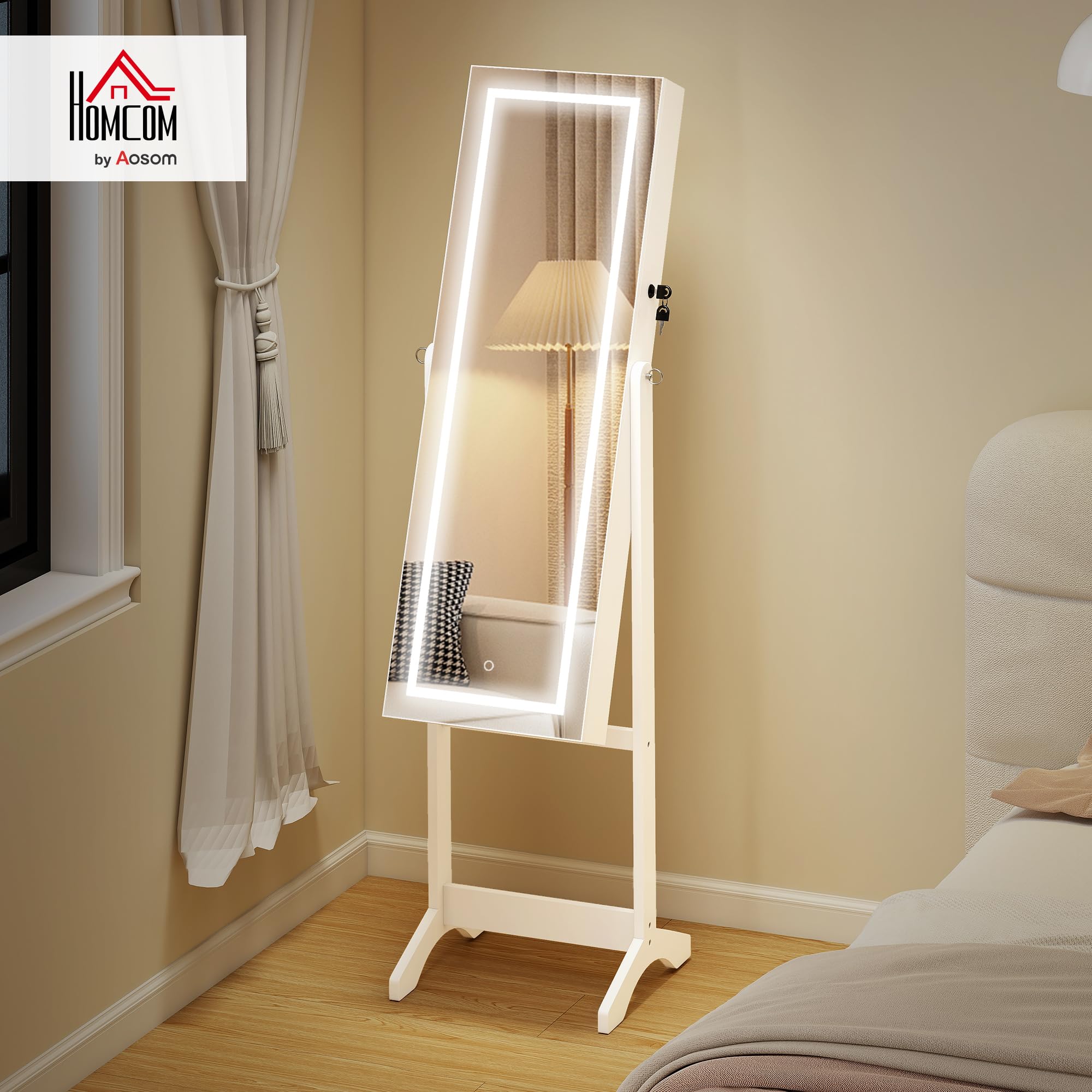 HOMCOM Espejo Joyero con Luces LED, Armario de Pie, Cierre Magnético, Blanco y Forro Negro