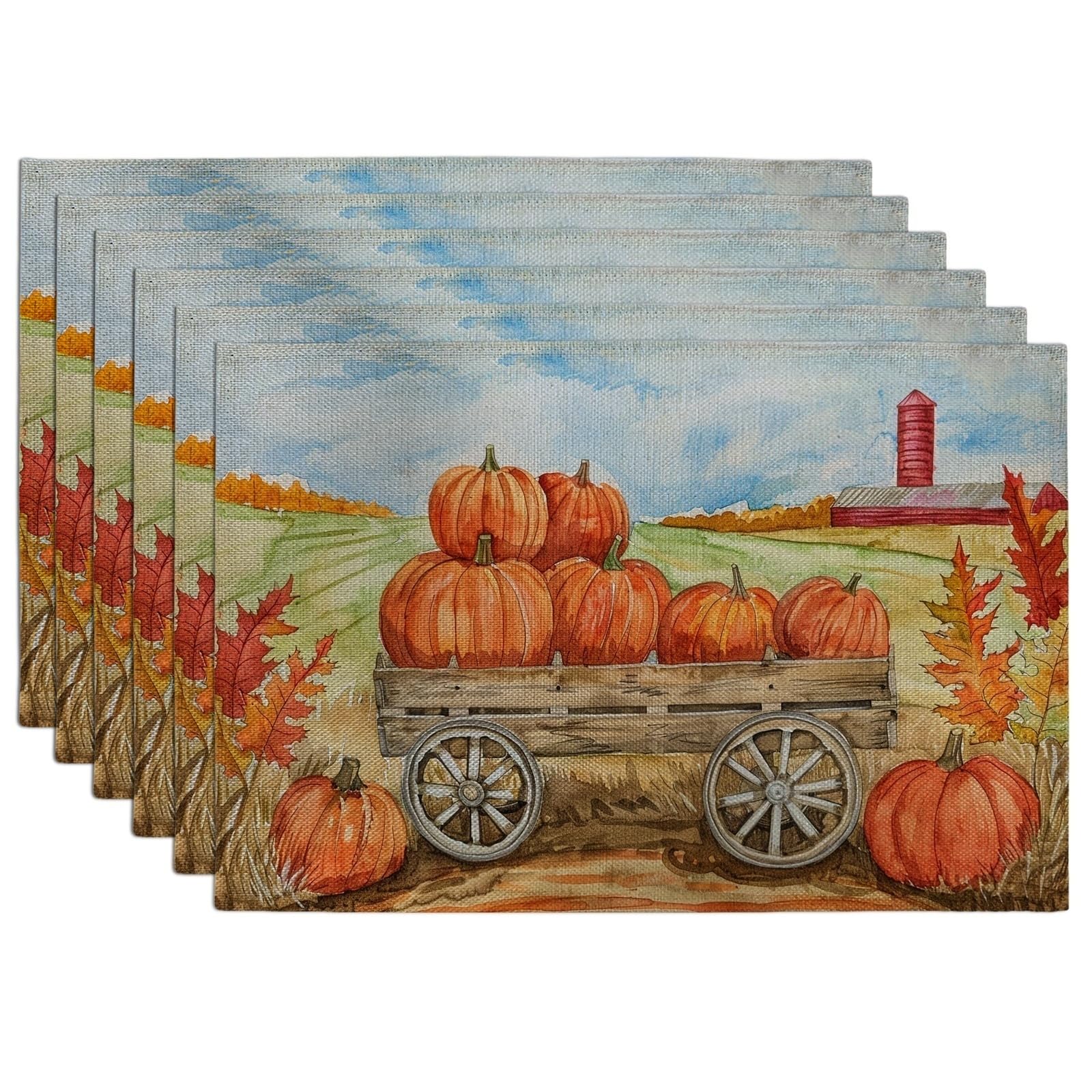 Fall Harvest Pumpkin Placemats, Orange Country Rustic Table Mats for Dining, Non-Slip Washable Indoor Outdoor Party Decorative Placemat Set of 6