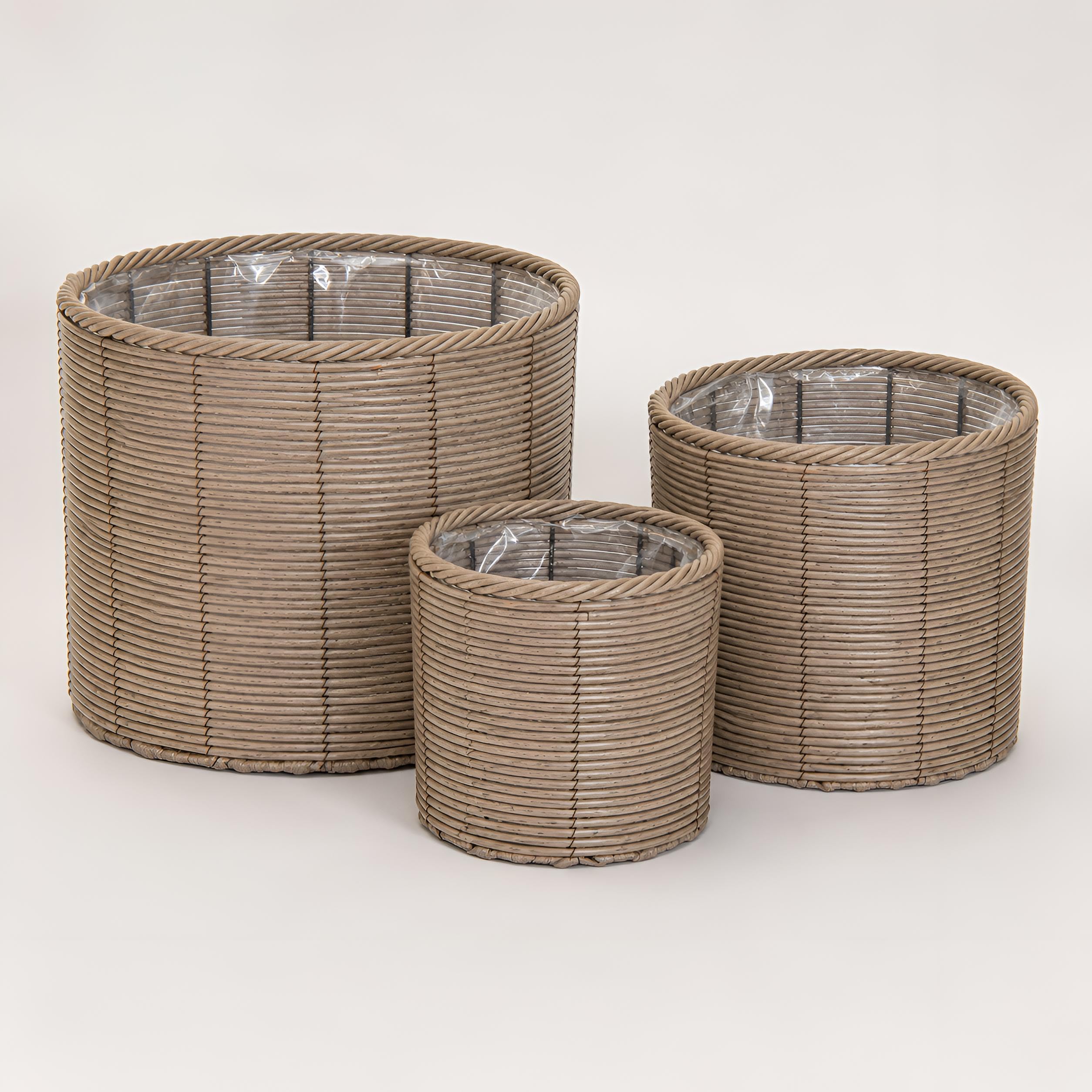 colourliving Gala Pflanzkübel 3er Set Polyrattan, Übertöpfe naturgrau mit Folieneinsatz und Metallrahmen für Wohnzimmer Wintergarten und überdachten Außenbereich (Cylinder - Zylinderform)