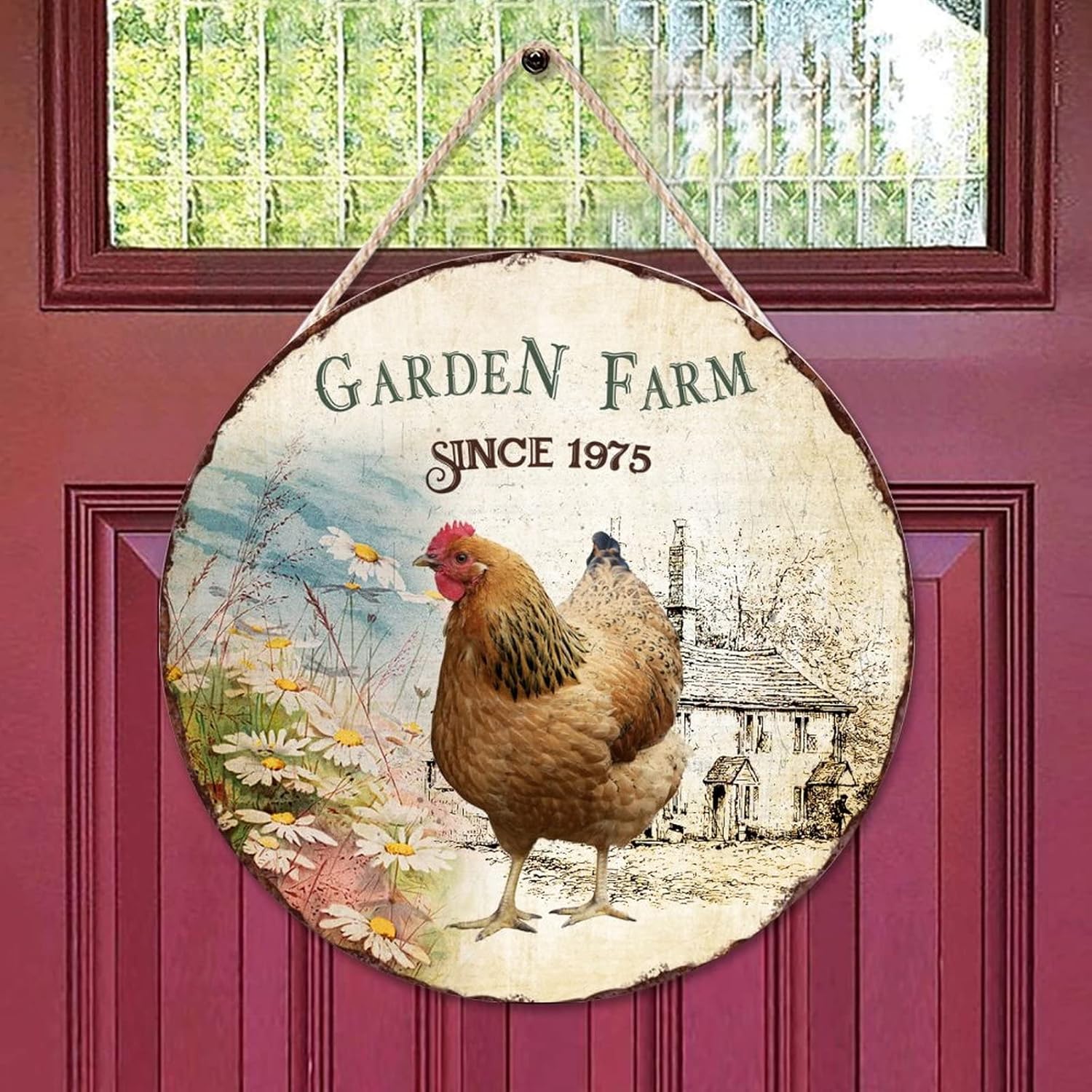Rooster Front Door Round Wood Sign, Garden Farm Since 1975 Wood Door Sign, Custom Animal 16x16in Wall Hanging Sign Plaque Farmhouse Backyard Door Hanger Wall Decor Housewarming Gifts
