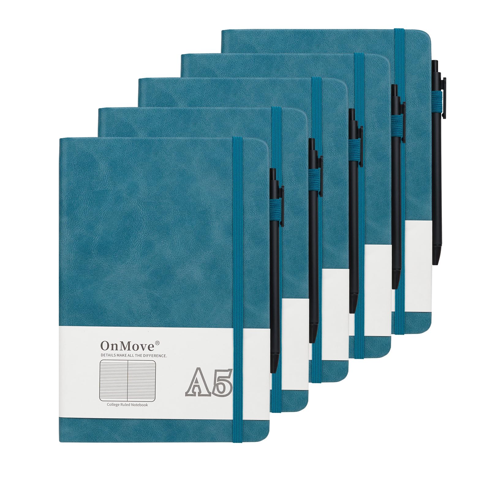 OnMove Notebooks Journal for Women Men 5 Pack Bulk Leather Hardcover with Pen Holder A5 160 Pages 100 GSM Thick Paper for Work School Lined Sky Blue