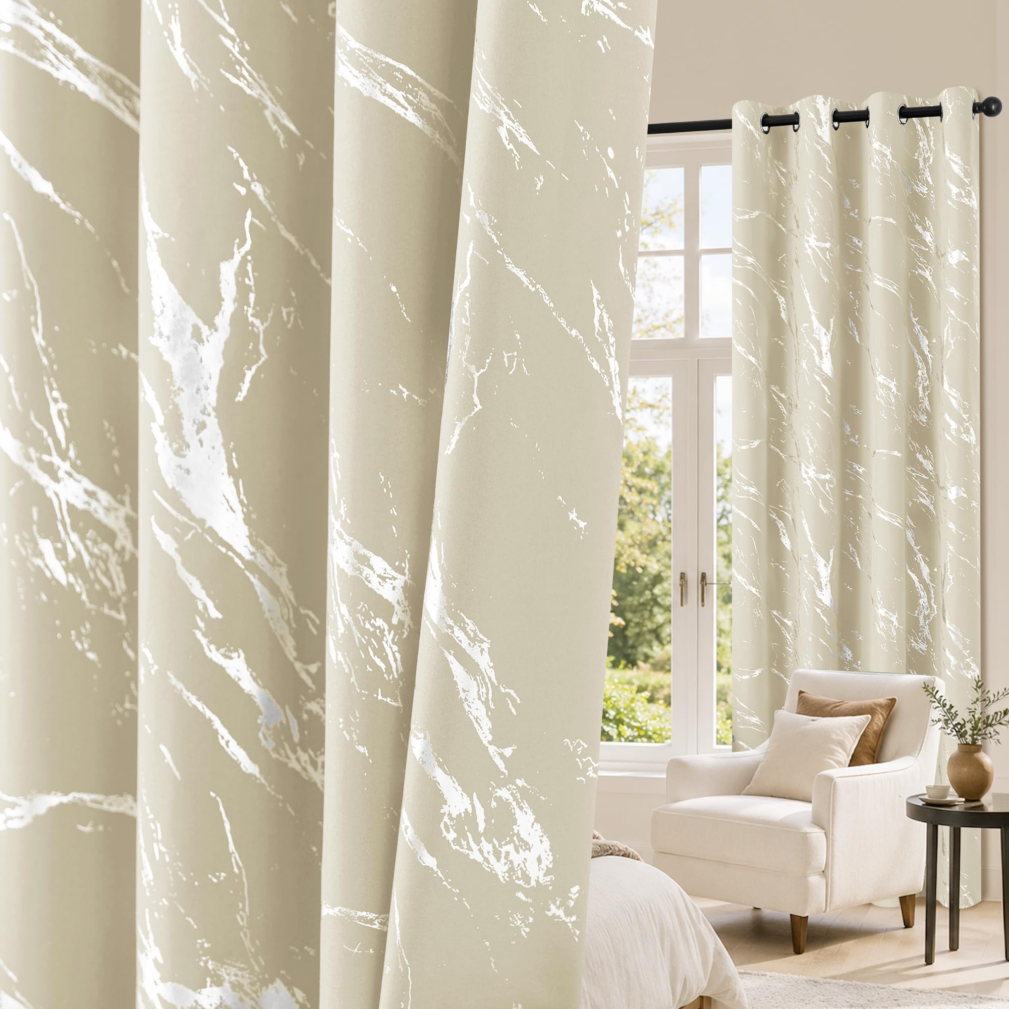 100% Blackout Curtains 7 Feet Long Set of 2, Silver Foil Printed | Thermal Insulated, Noise Reduced, Privacy Room Darkening Drapes for Bedroom Living Room, Grommet, 132x213 cm, Beige-image-2