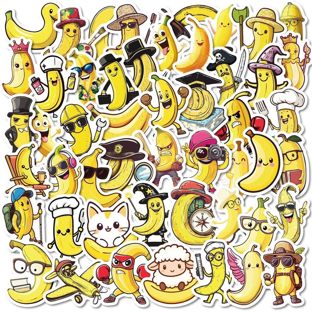 Sanfly Yellow Banana Stickers 50pcs Funny Banana Series Decals Waterproof Vinyl Cartoon Decals for Diy Helmet Guitar Phone Laptop Stickers