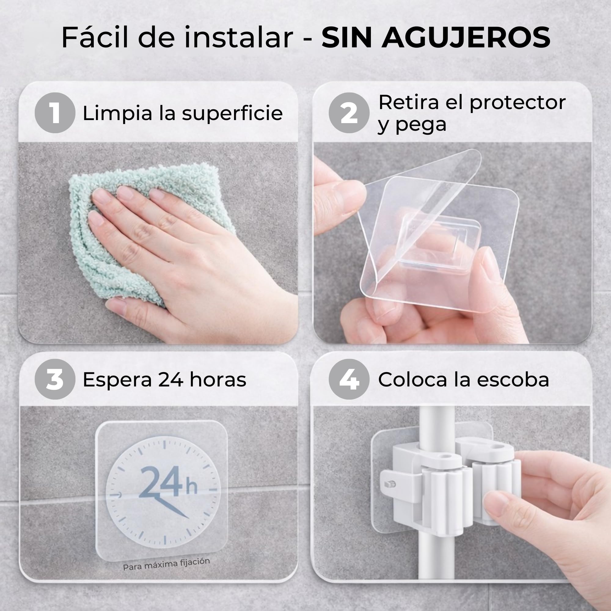 HKaizen Colgador de Escobas y Fregonas Adhesivo (Pack de 6) – Soporte para Pared sin Taladro, Resistente y Compacto para Cocina, Baño y Garaje — view 4