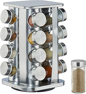Relaxdays spice carousel with 16 spice jars on 4 levels, 360° rotatable, spice jars for sprinkling, stainless steel, silver.