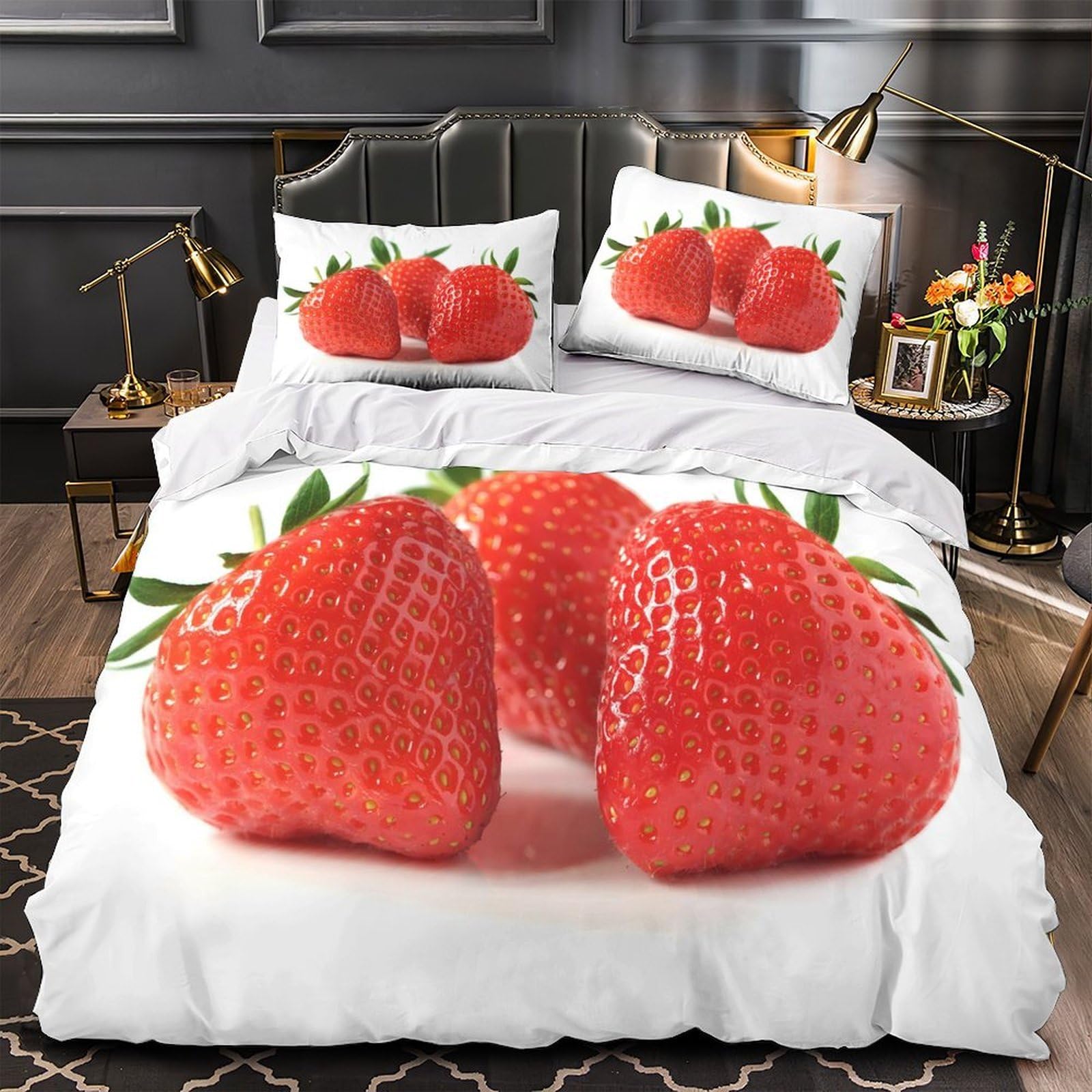 Housse de couette fraises anti-acarien avec fermeture éclair parure de lit douce 135x200
