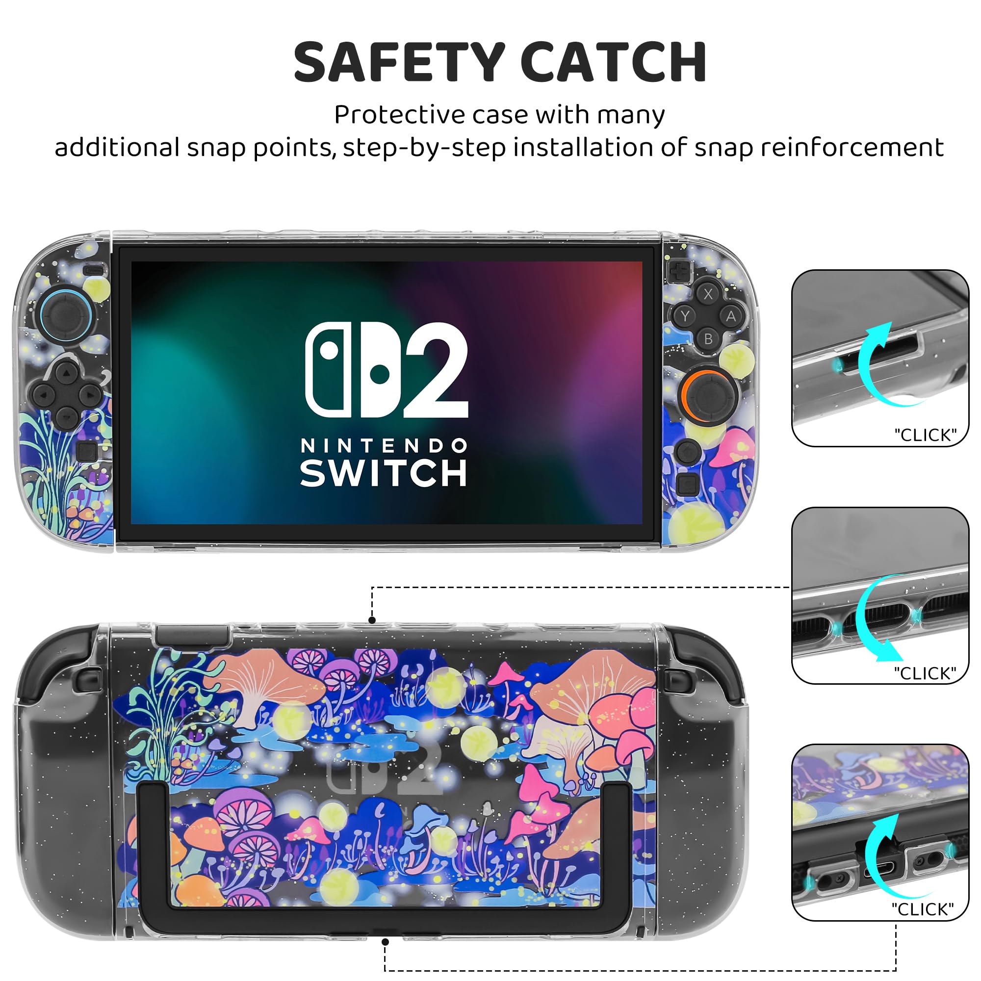 FANPL Custodia carina per Nintendo Switch 2, custodia da viaggio per Switch 2 con pelle rigida glitterata, cinturino regolabile, protezione schermo, tappi per impugnatura per pollice (Firefly Mushroom