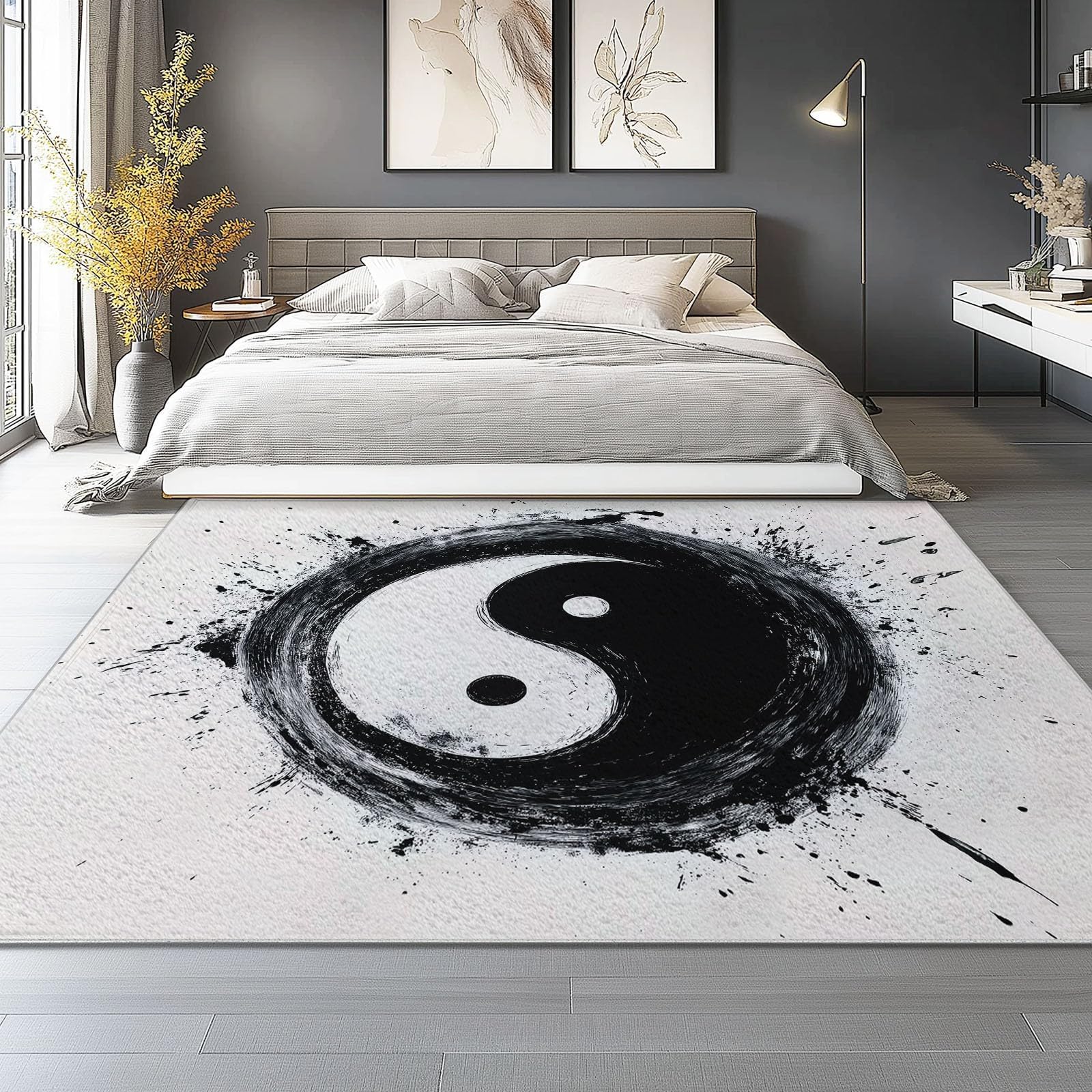 Tapis Yin et Yang antidérapant et lavable à poils courts pour chambre