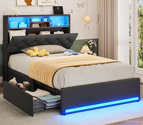 Miniatura 10 de BTHFST Base de cama Queen con 4 cajones y cabecera de almacenamiento oculta, marco de cama LED tamaño Queen con estación de carga, cama tapizada con