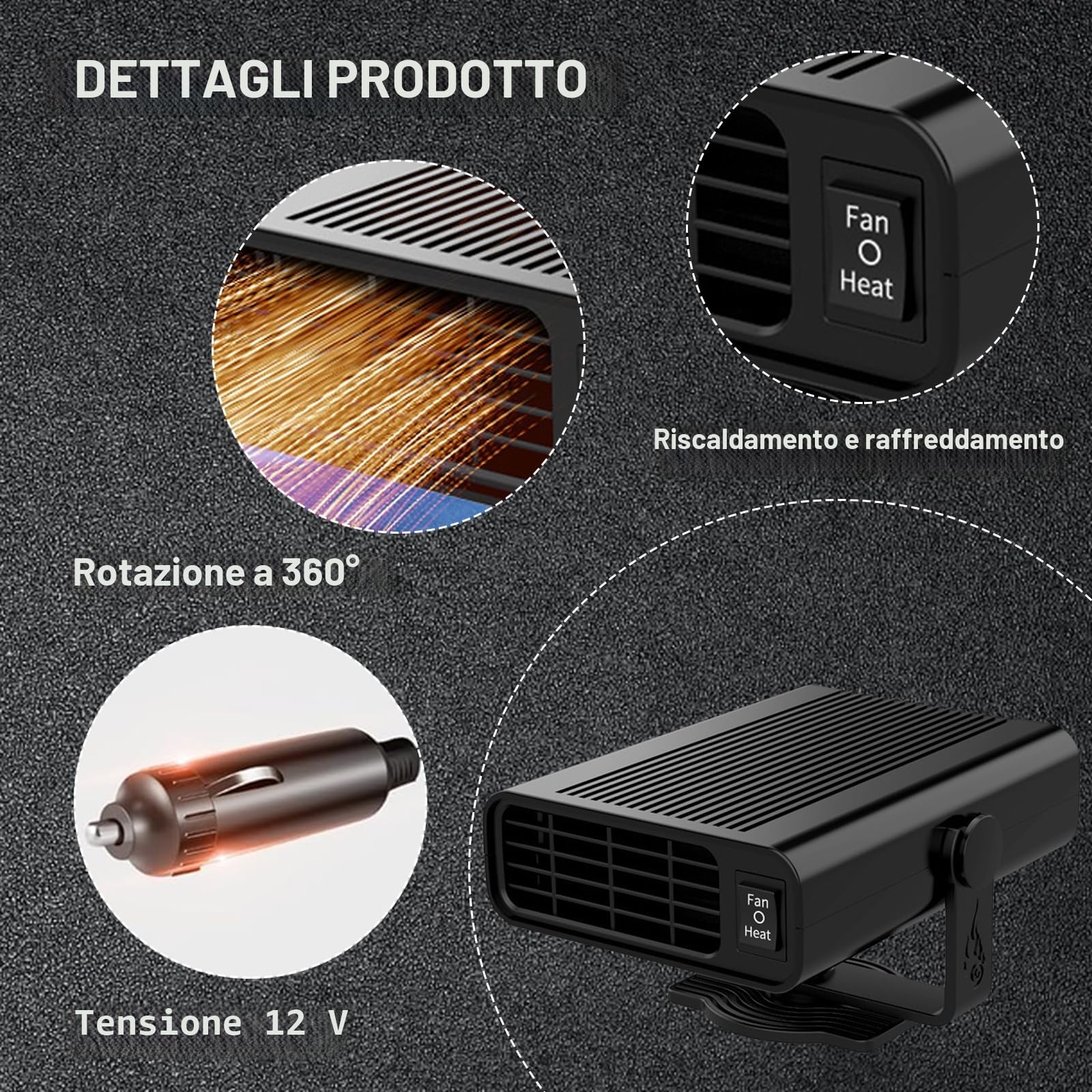 Stufetta Portatile per Auto 12V – Termoventilatore 2-in-1 Riscaldamento/Raffreddamento, Stufetta 12V per Auto 200W, Riscaldamento Rapido 5s, 360° Rotante per Sbrinamento Parabrezza