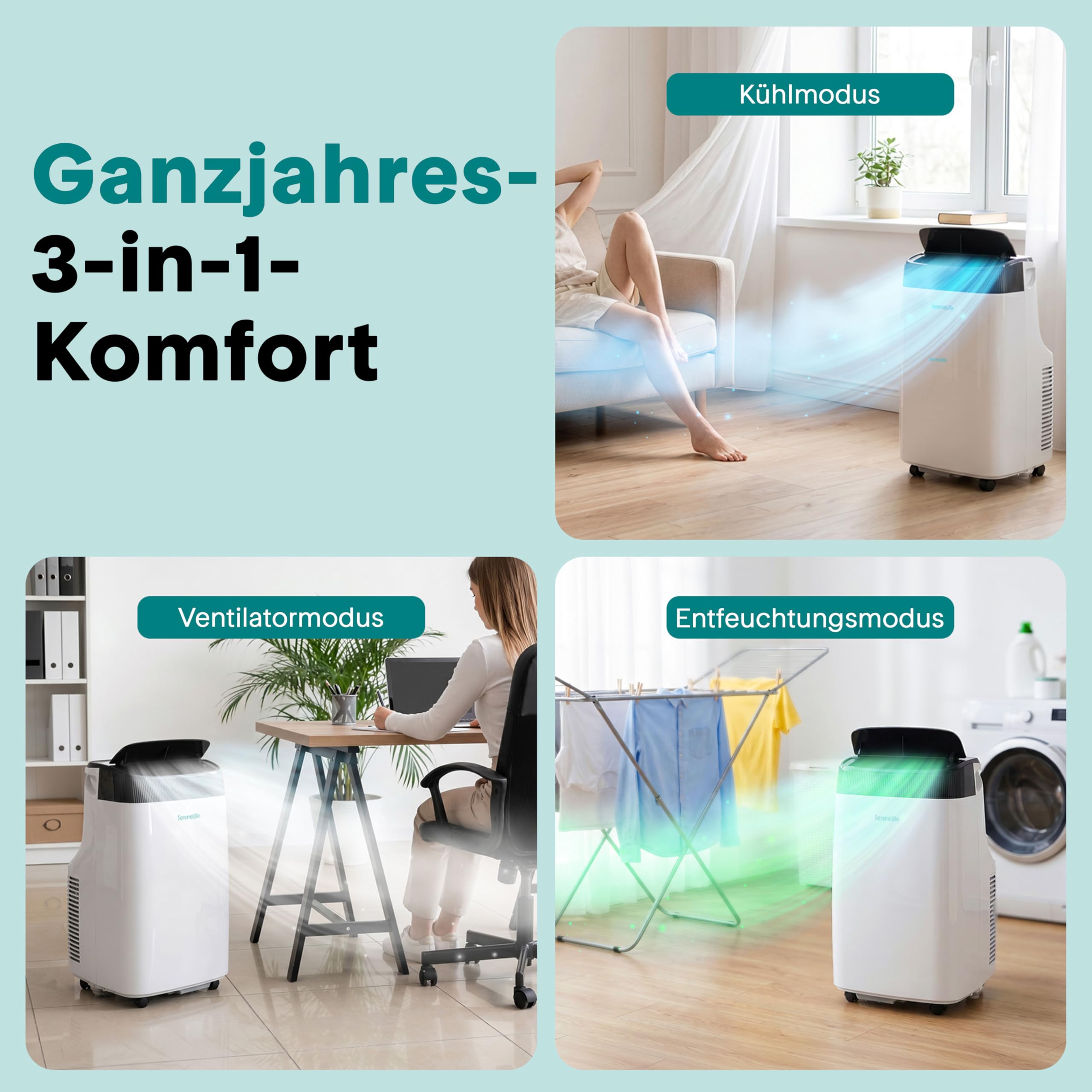 SereneLife Mobile Klimaanlage 4 kW 9000 BTU Leises Klimagerät bis 20 m² mit Entfeuchter, Lüfter & Fernbedienung