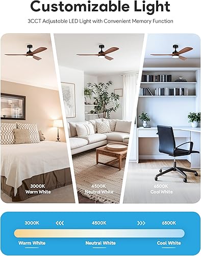 Miniatura 4 de VONLUCE Ventiladores de techo con luces, ventilador de techo de 52 pulgadas y control remoto, motor CC reversible de 6 velocidades, 3CCT, ventilador