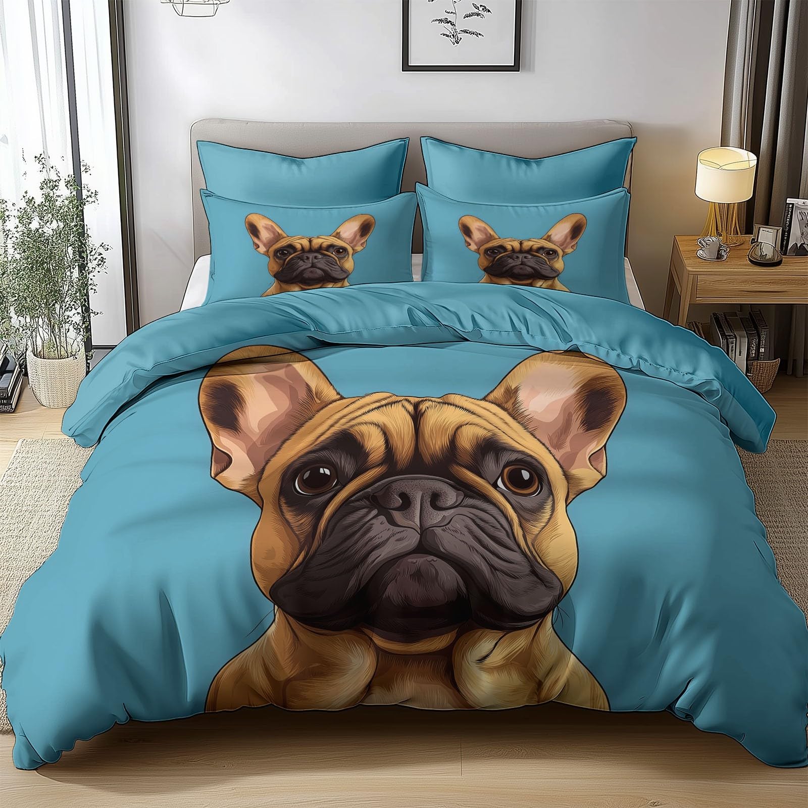 Housse de couette imprimé animal bouledogue bleu 3 pièces confort 240 x 260 cm