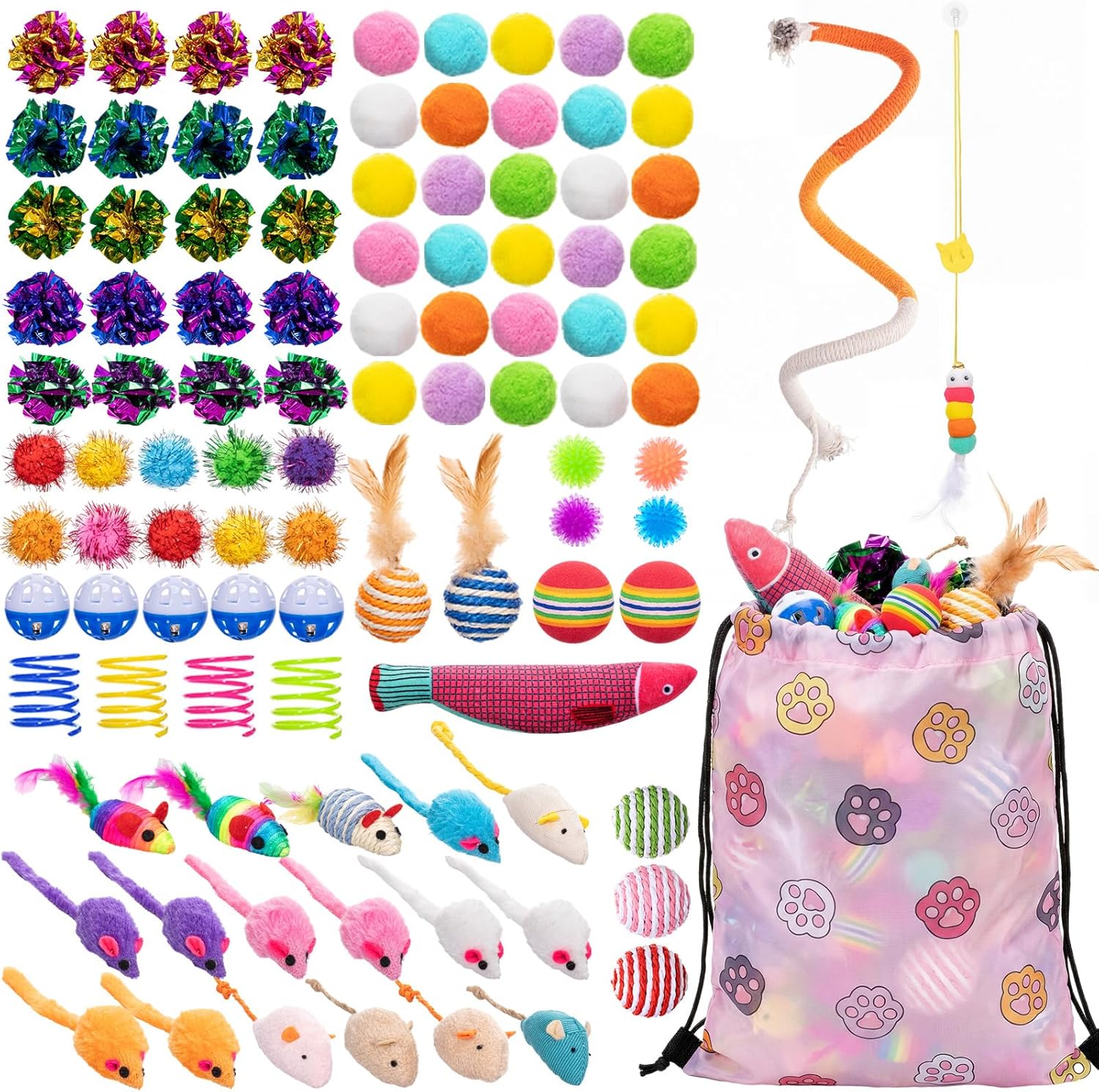 Leitee 100 Pcs Cat Toys Bulk Assortment with 1 Gift Storage Bag, Interactive Cat Play Set for Indoor Kitten, Colorful Springs, Mouse Toys, Chew Ropes, Balls, Bells & Sisal Ball(Ball Toy)