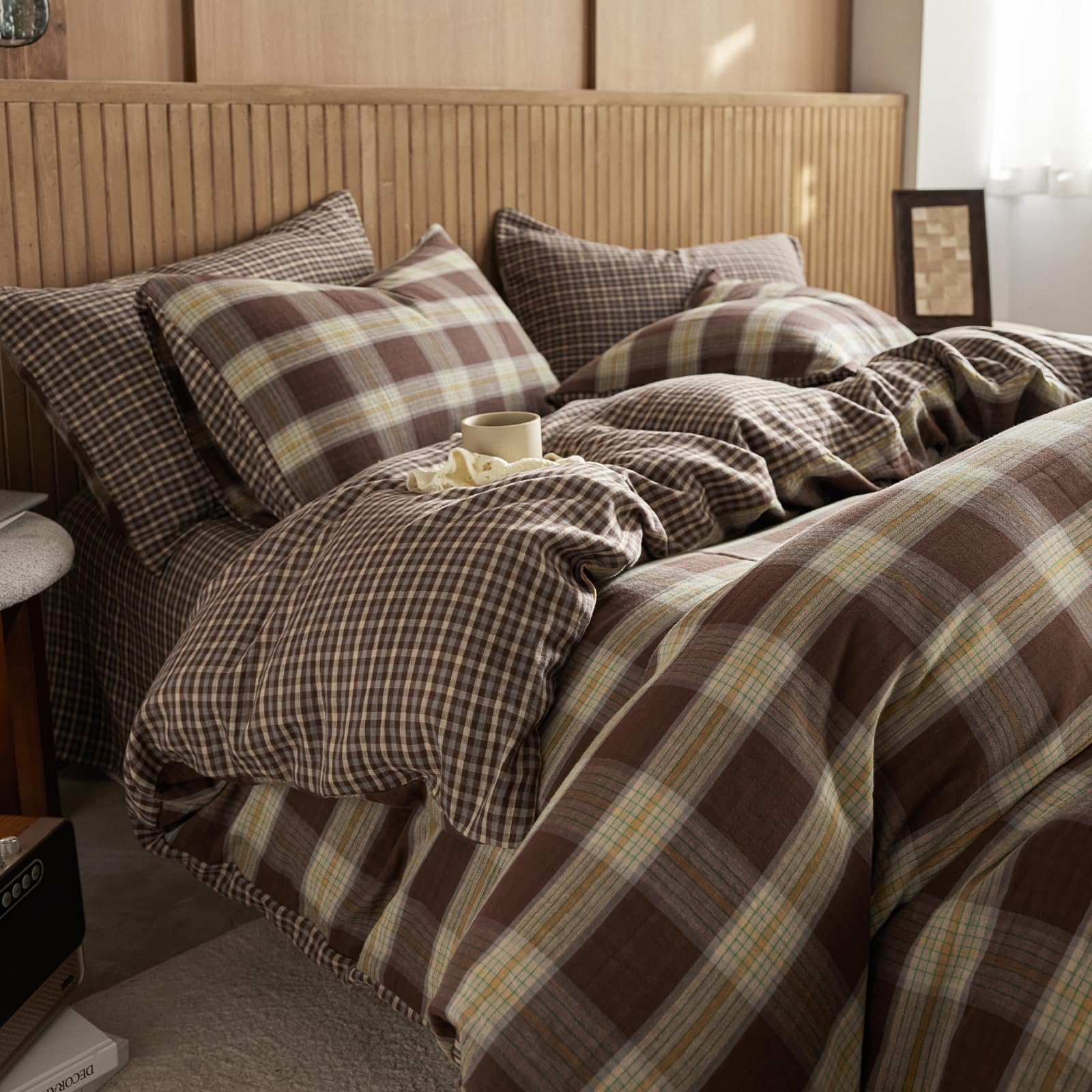 EAVD Vintage Yellow&amp;Brown Plaid Duvet Cover King 100% Muslin Cotton