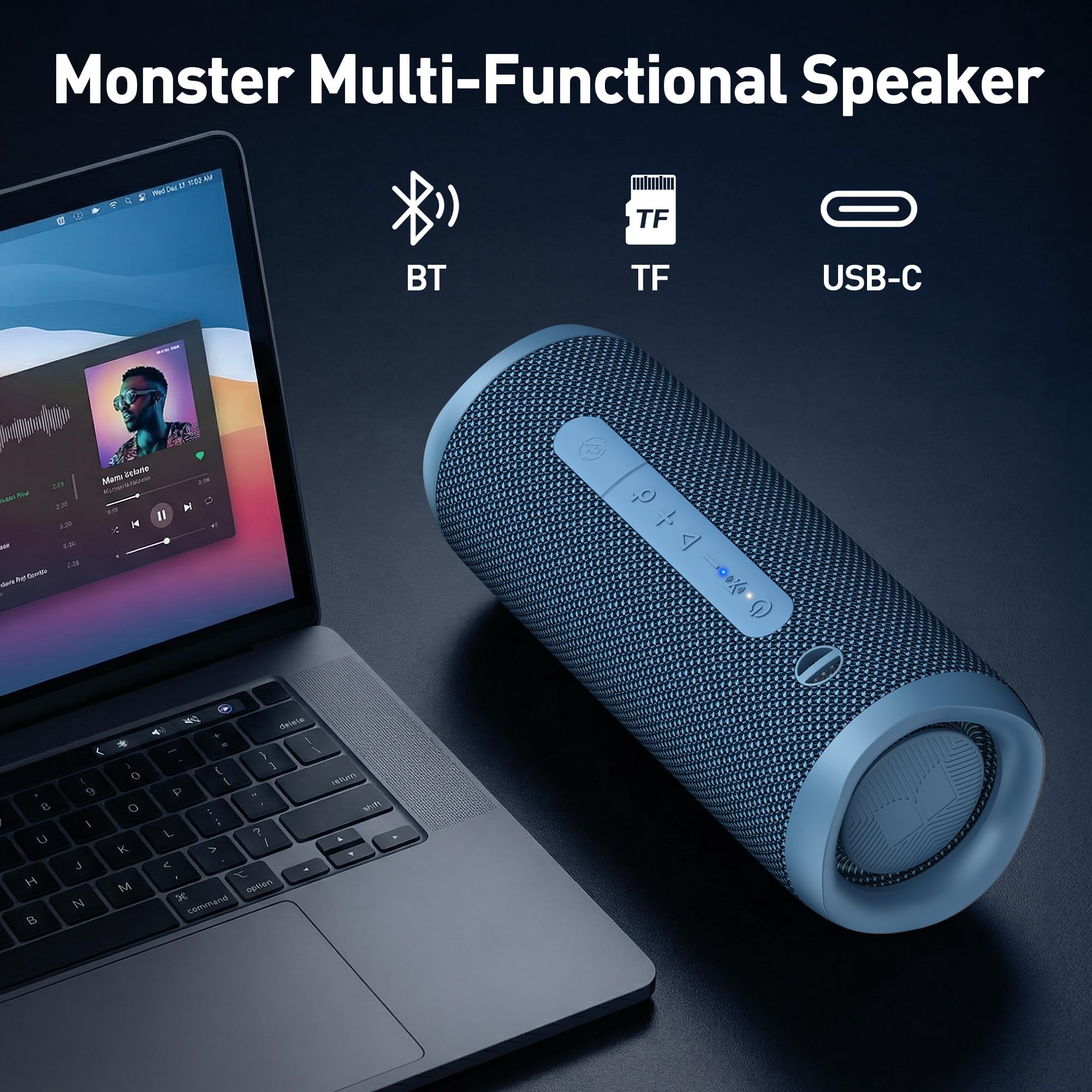 Monster S620 Bluetooth Speaker, Wireless Portable Outdoor Bluetooth Speakers, 60W True Wireless Stereo IPX8 Waterproof, Dual PairingBluetooth 5.4 Built-in Mic, Perfect for Home, Blue - 4