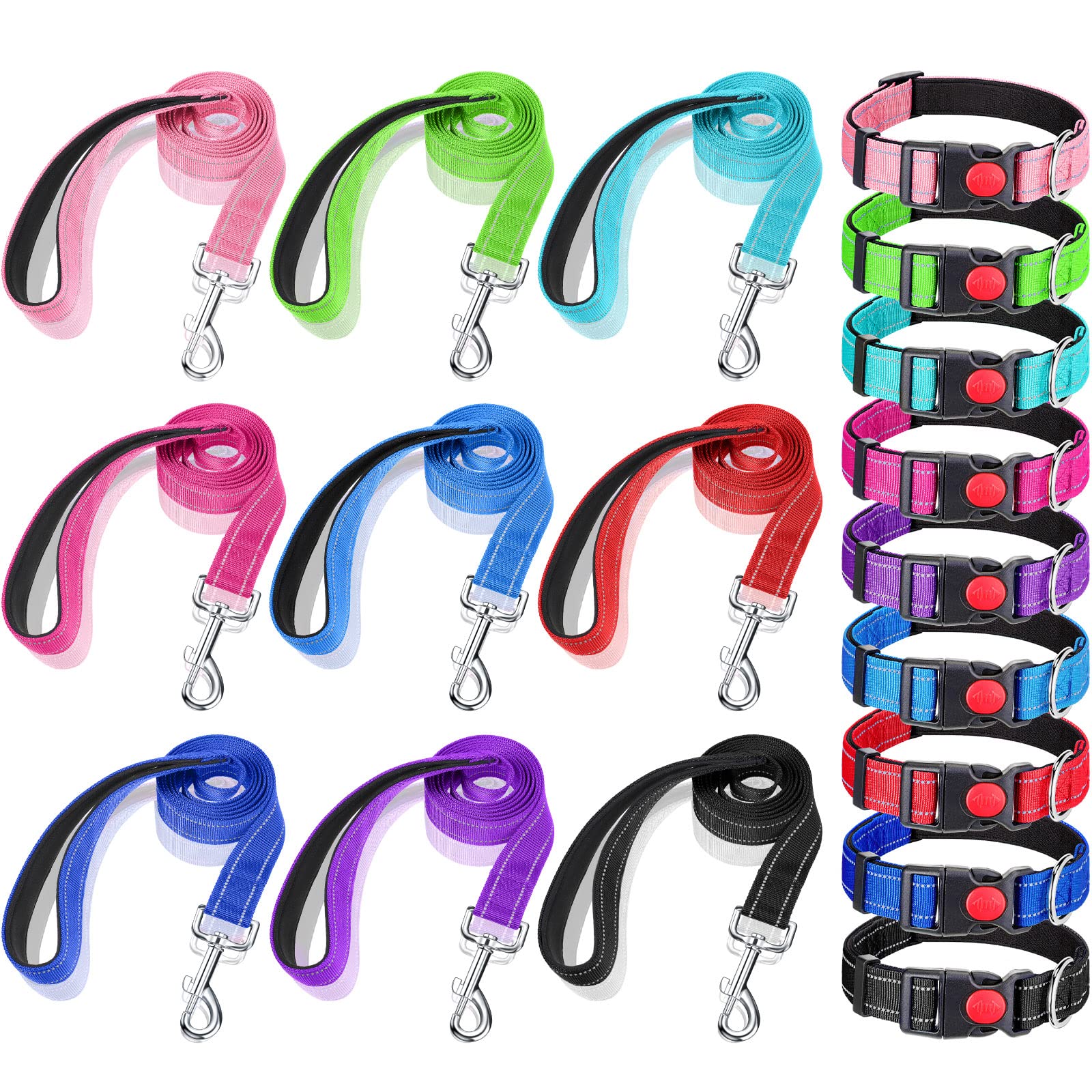 Silkfly 9 Sets Dog Collar and Leash Set for Small Medium Large Dogs Reflective Nylon Leashes Adjustable Collar Padded Handle Walking Training