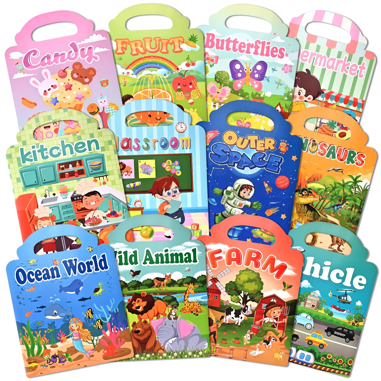 GOLDGE 12 Stickers Book, Libri Adesivi Bambini Attacca e Stacca — Trasporto, Animali, Fattoria, Spazio, Mare, Supermercato, Cucina, Scuola, ecc, Regalo Compleanno Riutilizzabile per Bambini 2-6 Anni