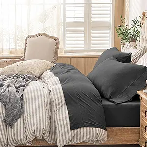 PURE ERA Jersey Knit 4pc Bed Sheet Set 100% T-Shirt Cotton Super Soft Comfy Breathable Fits Mattress Up to 20" Extra Deep Pocket (Solid Deep Grey, Queen)