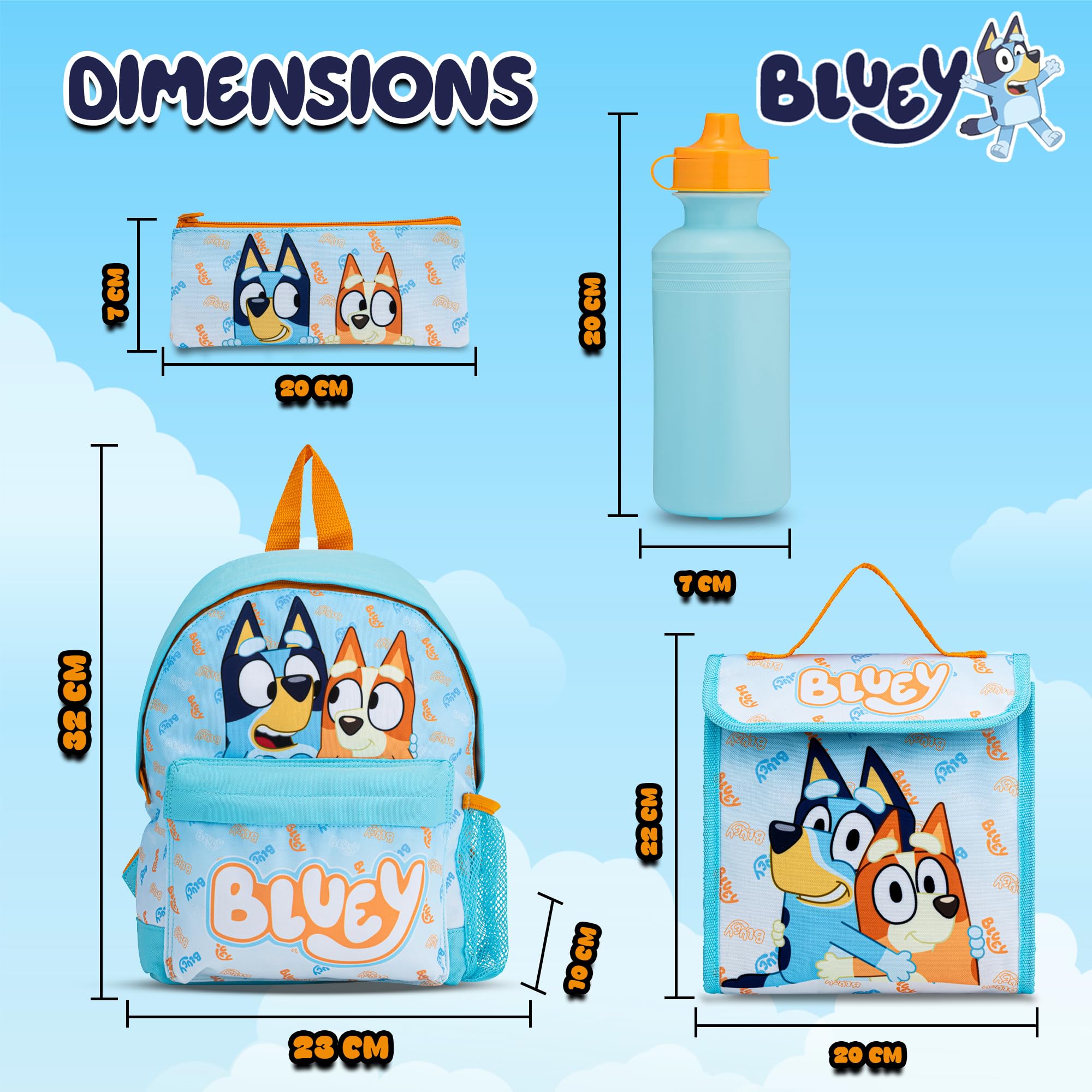 Bluey Ensemble sac à dos 4 pièces avec sac à déjeuner, bouteille d'eau et trousse à crayons, cartable pour garçons avec poche kangourou et côté en maille, pour enfants de 2 à 7 ans