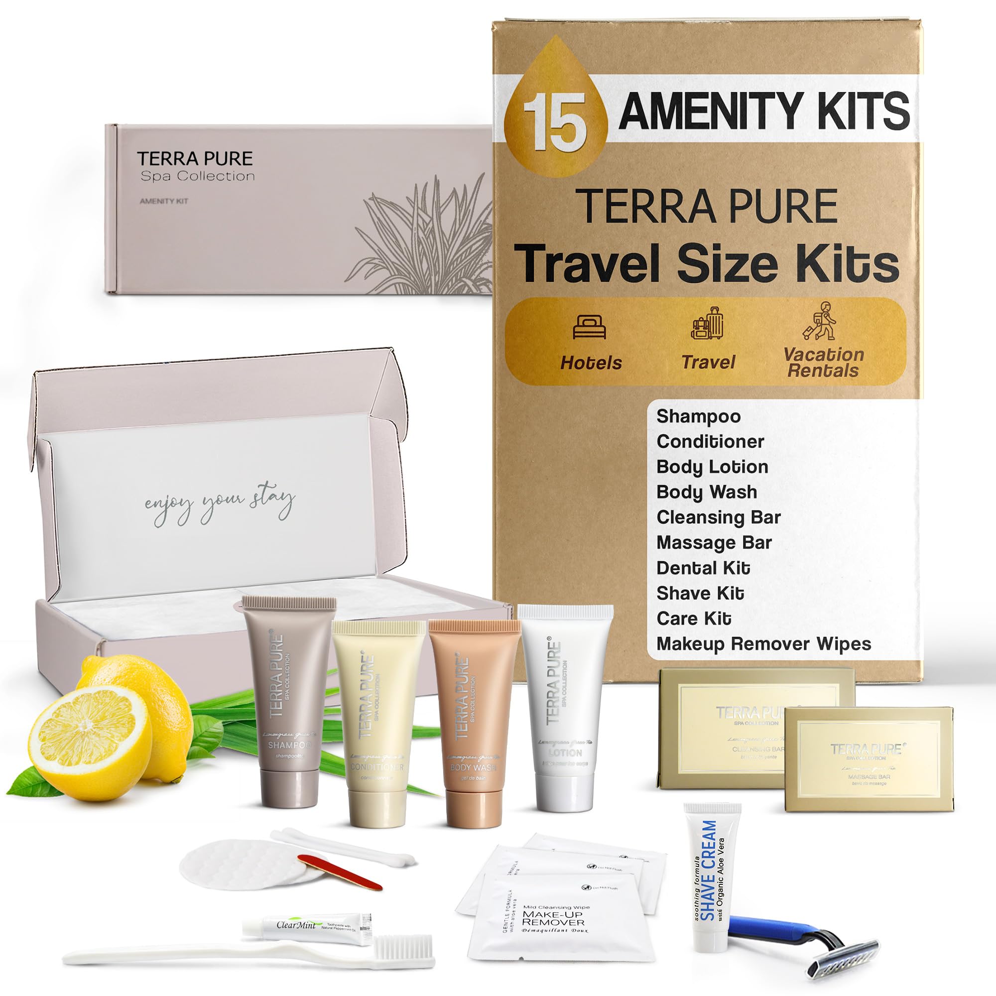 Terra Pure Spa Collection Amenity & Accessory Kit |0.85 oz Travel Size Shampoo, Conditioner, Lotion, Body Wash, 2 Soap Bars, Shave & Dental Sets, Make-Up Remover Wipes, & Vanity Kit | 15 sets/case