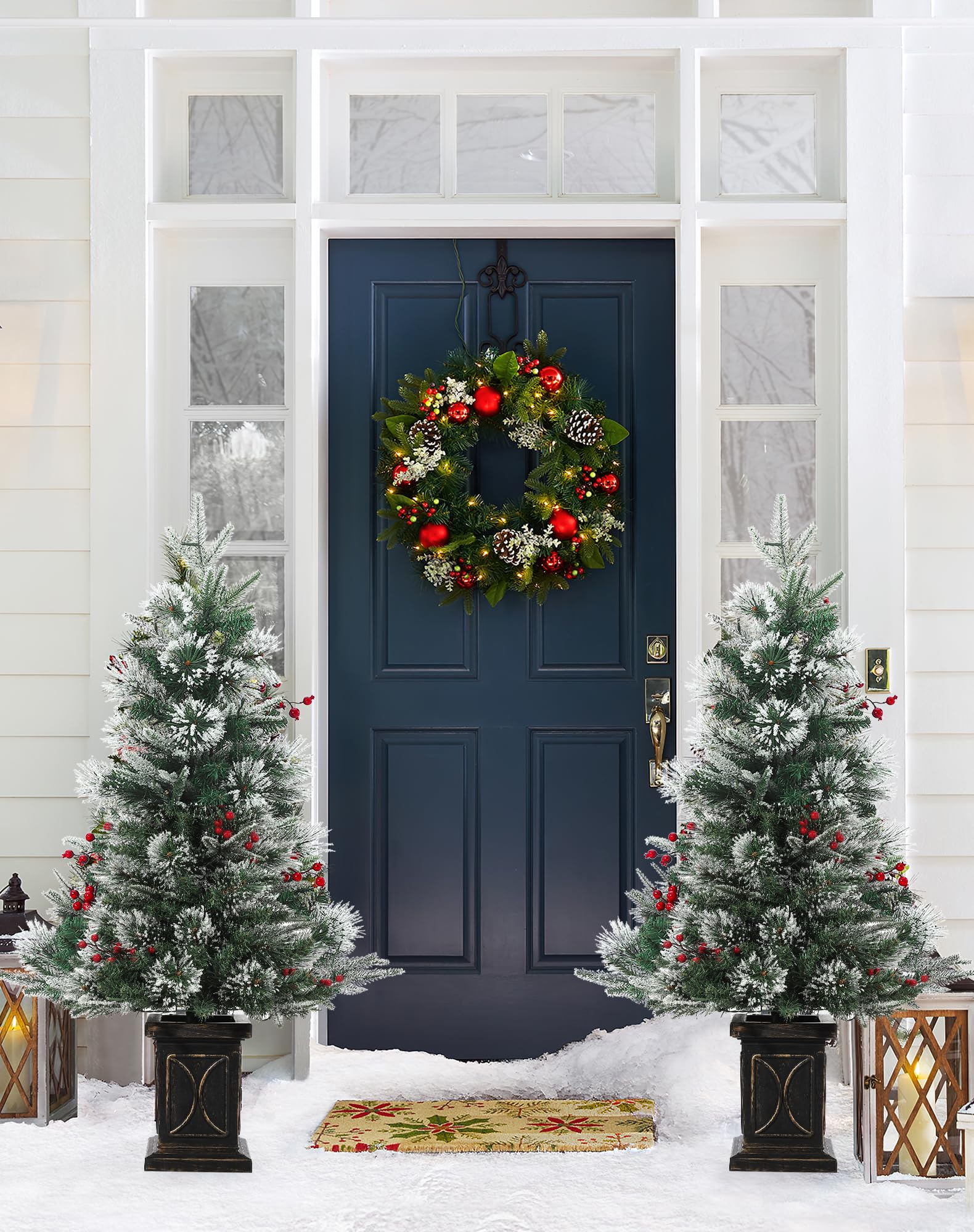 2PCS Weihnachtsbaum Künstlich 90 cm mit 78 Beleuchtung, Snow Flocked Künstlicher Weihnachtsbaum Batteriebetrieben Pre-lit Premium mit roten Beeren Weihnachten deko für Zuhause, Büro, Vintage Topfbasis