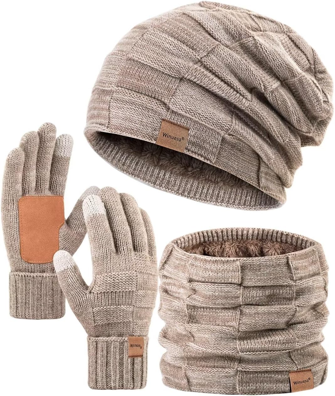 Mens Hat Scarf and Gloves Set Winter, Thick Thermal Fleece Lined Slouchy Beanie Neck Warmer Scarves Touchscreen Gloves, 3 in 1 Warm Set for Cold Weather(Khaki)