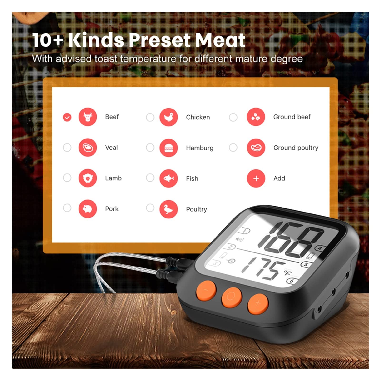 Termómetro interior higrómetro digital Barbacoa Termómetro de cocina de carne, Tuya Smart App Control del Temporizador de Bluetooth Termómetro de horno de lectura digital con 6 sondas Con pantalla LCD