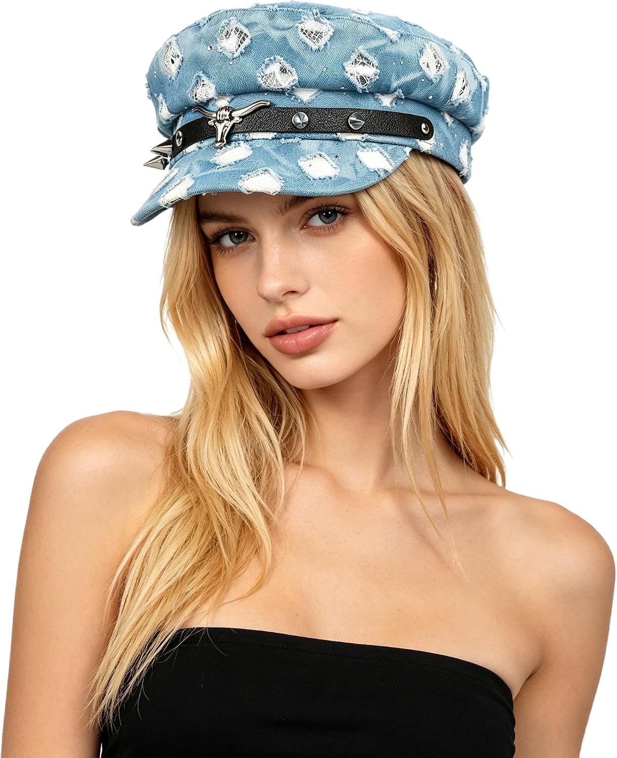 Distressed Newsboy Cap for Women Breathable Baker Cabbie Cap Denim Visor Beret Hat Retro Flat Cadet Hat