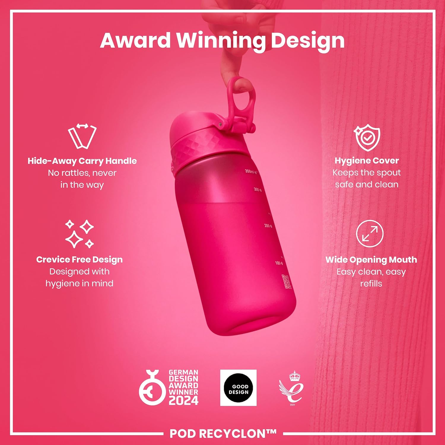 Ion8 Small Water Bottle, 350 ml/12 oz, Leak Proof, Easy to Open, Secure Lock, Dishwasher Safe, BPA Free, Carry Handle, Hygienic Flip Cover, Easy Clean, Odor Free, Carbon Neutral, Hot Pink - Image 6