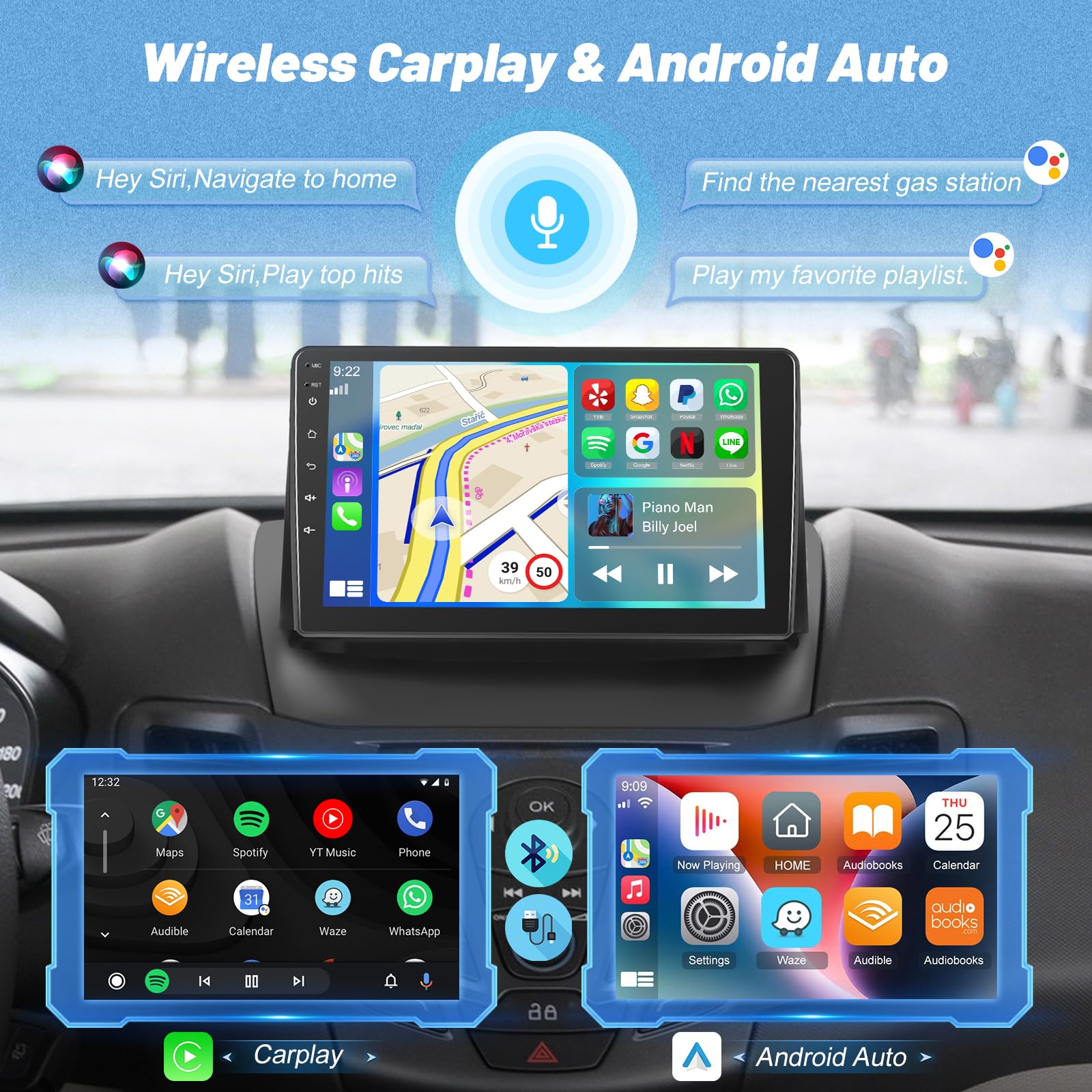 [2+64GB] Android Radio de Coche para Ford Fiesta 2009-2014, 9 Pulgadas Estéreo del Coche con Pantalla Táctil Wirelss CarPlay y Android Auto, WiFi, GPS, Radio FM RDS, Cámara de Marcha Atrás