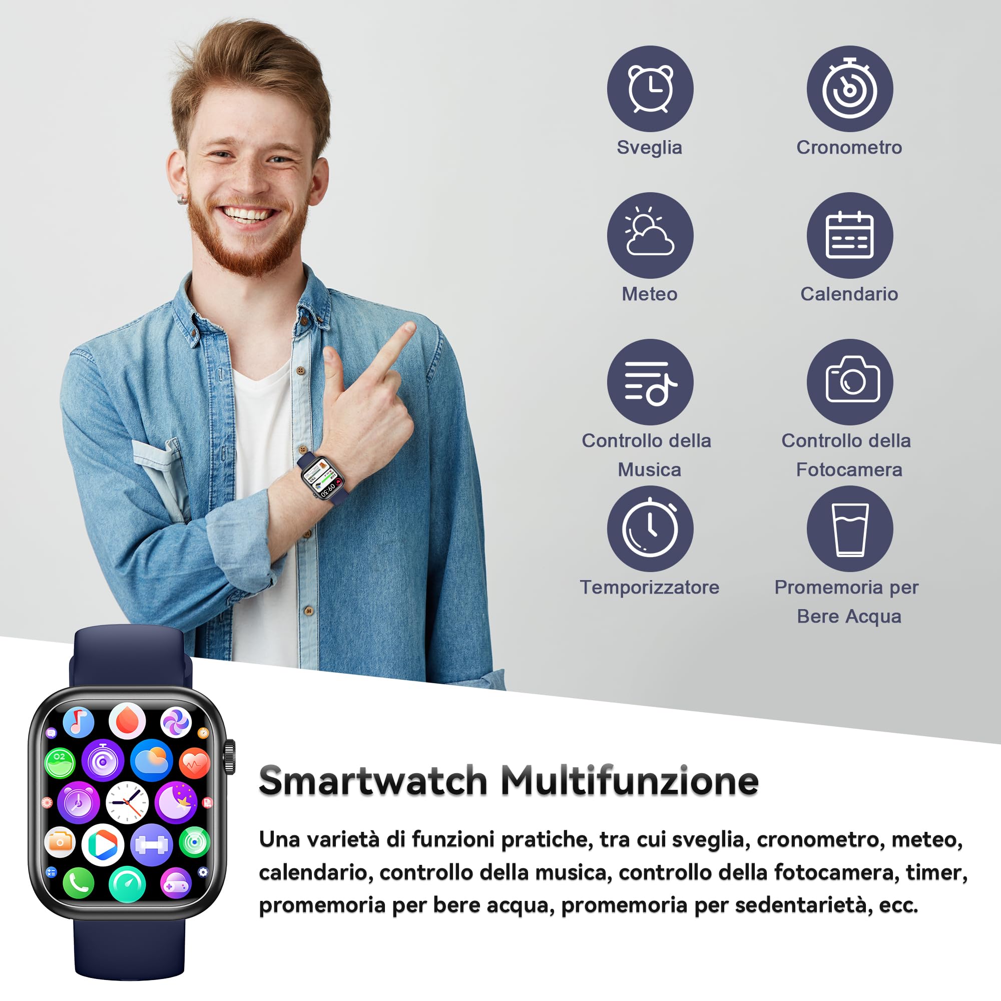Smartwatch Uomo Donna, 1.83'' Orologio Smartwatch con Chiamata Bluetooth,Pressione Sanguigna/Cardiofrequenzimetro/Sonno,Contapassi,120+ Modalità Sportive, Impermeabile IP68 Smart Watch per Android&iOS