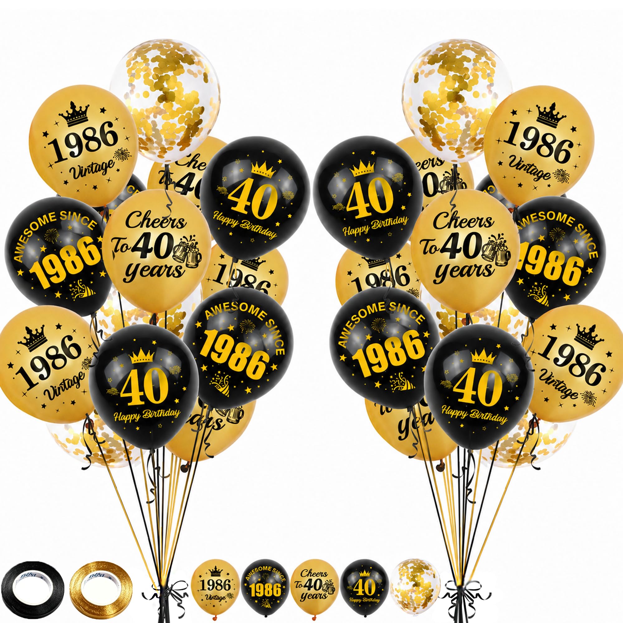 40th Birthday Decorations Balloons Women - 40 Pcs Black Gold Happy 40 Birthday Awesome since 1986 Vintage Cheers to 40 Years Sequins Balloon with Ribbon for 40 Years Old Party Celebration Decor