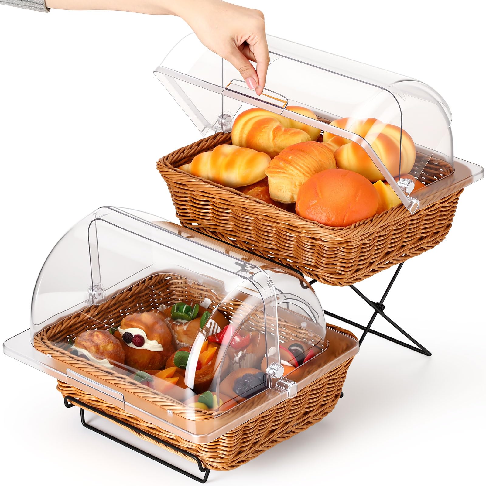 Photo 1 of **MISSING HARDWARE** Ziliny 2 Pack Imitation Rattan Plastic Bread Basket, with Acrylic Lid and Metal Display Stand Rectangle Woven Fruit Basket for Food Display Tabletop, 13.78 x 9.84'' (Flip Top Food Cover)